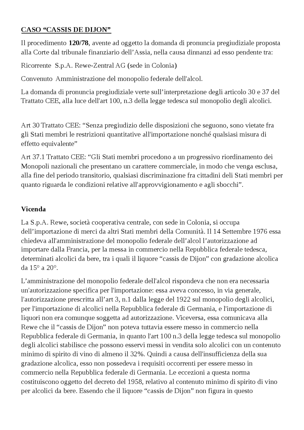 Cassis De Dijon Formel Analisi sentenza Cassis de Dijon - Docsity