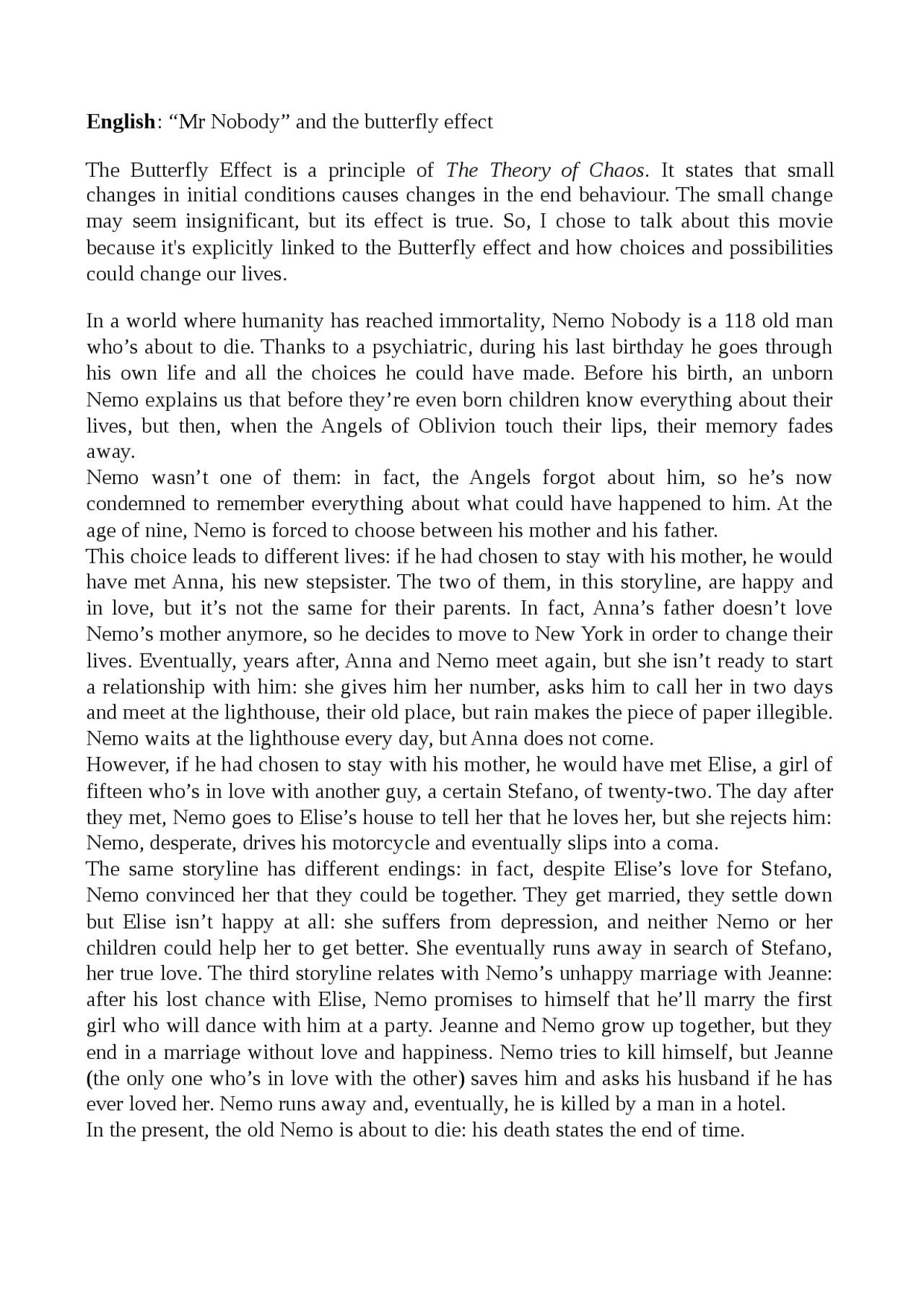 Mr Nobody, plot and feedback - Docsity