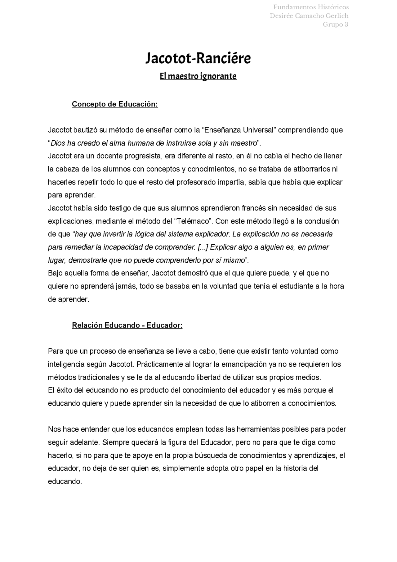 Ejercicio Sintesis Jacotot Ranciere El Maestro Ignorante Docsity