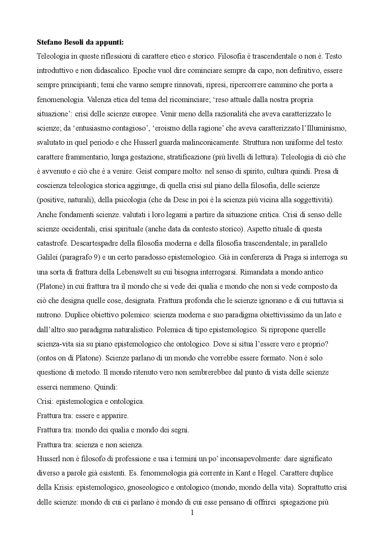 Appunti Crisi delle scienze europee di Husserl Docsity