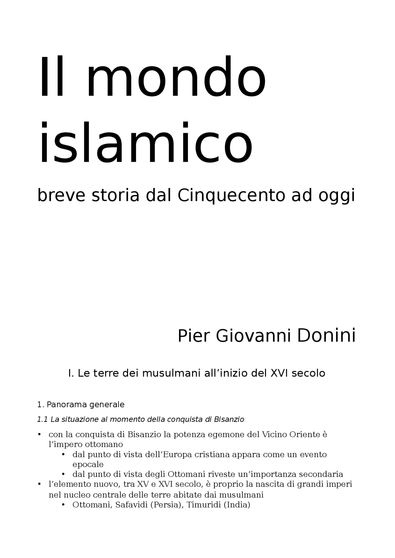 Riassunto "Il mondo islamico. Breve storia dal Cinquecento ad oggi" P.G ...