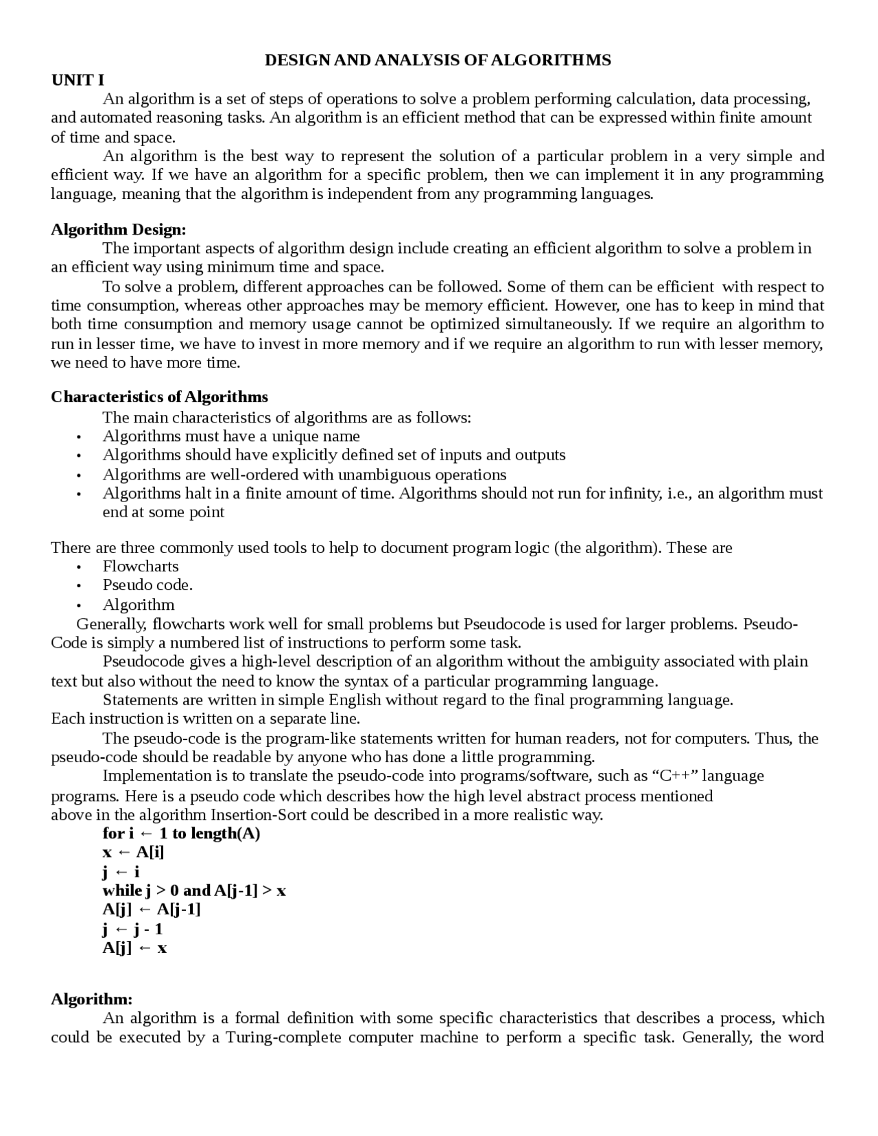 Design and analysis of algorithm - Docsity