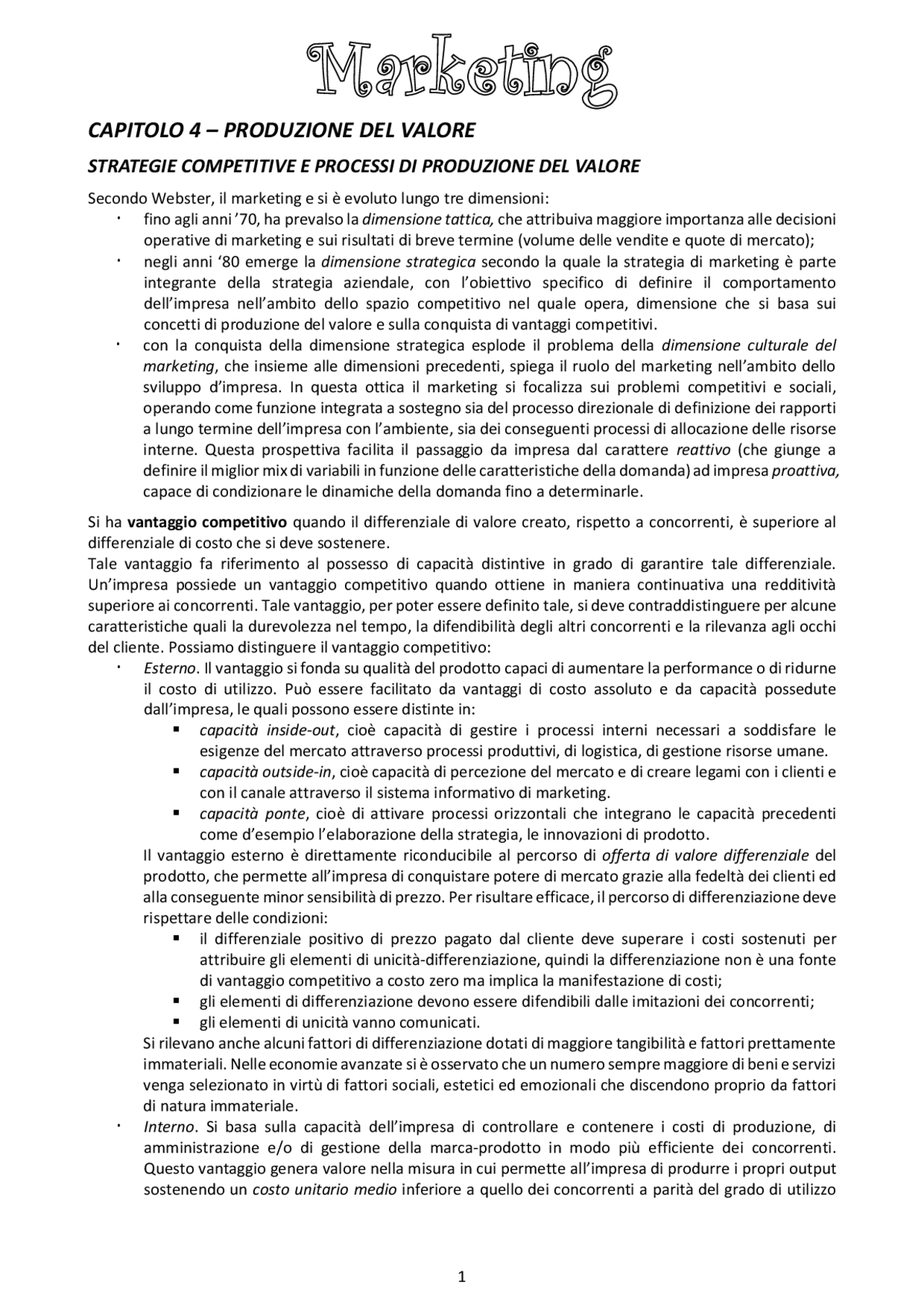 La produzione di Valore caratteristiche e definizione Sintesi del