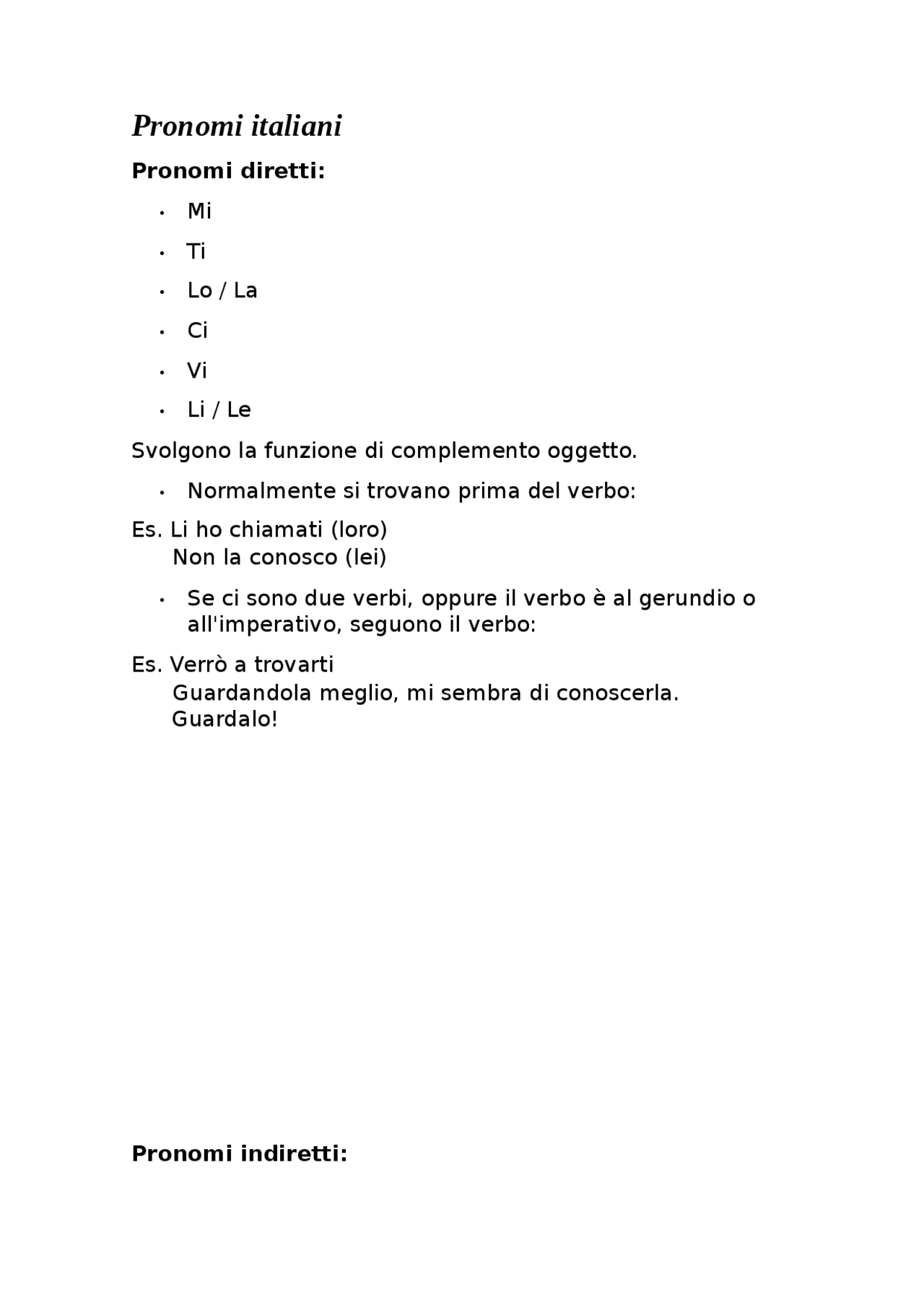 esercizi sui pronomi diretti e indiretti
