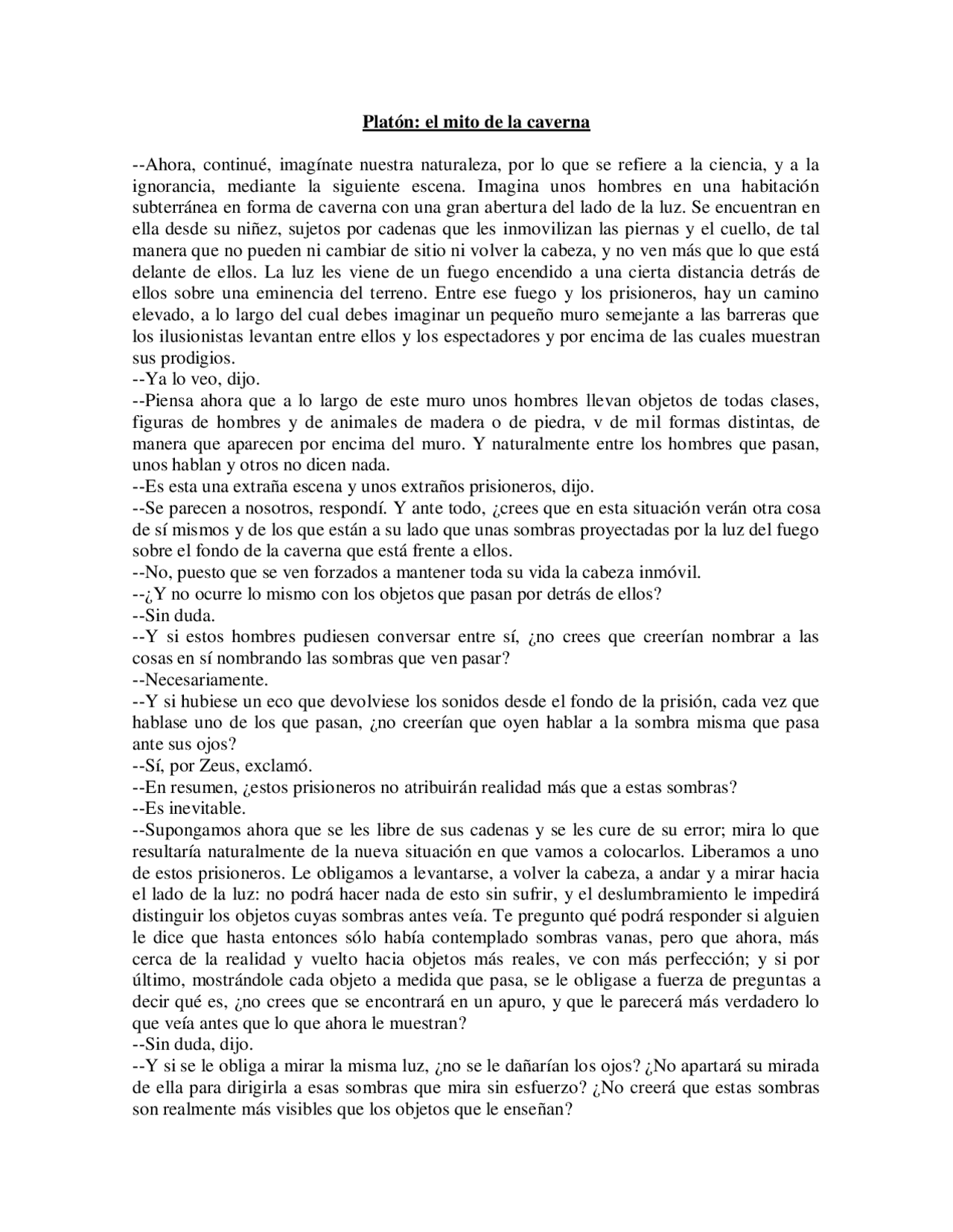 Mito De La Caverna De Platon Docsity