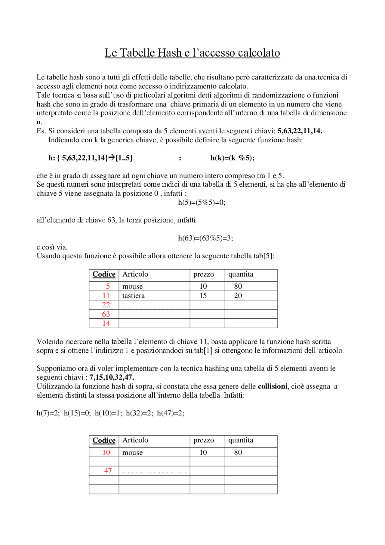 Le tabelle Hash, nozioni di base - Docsity