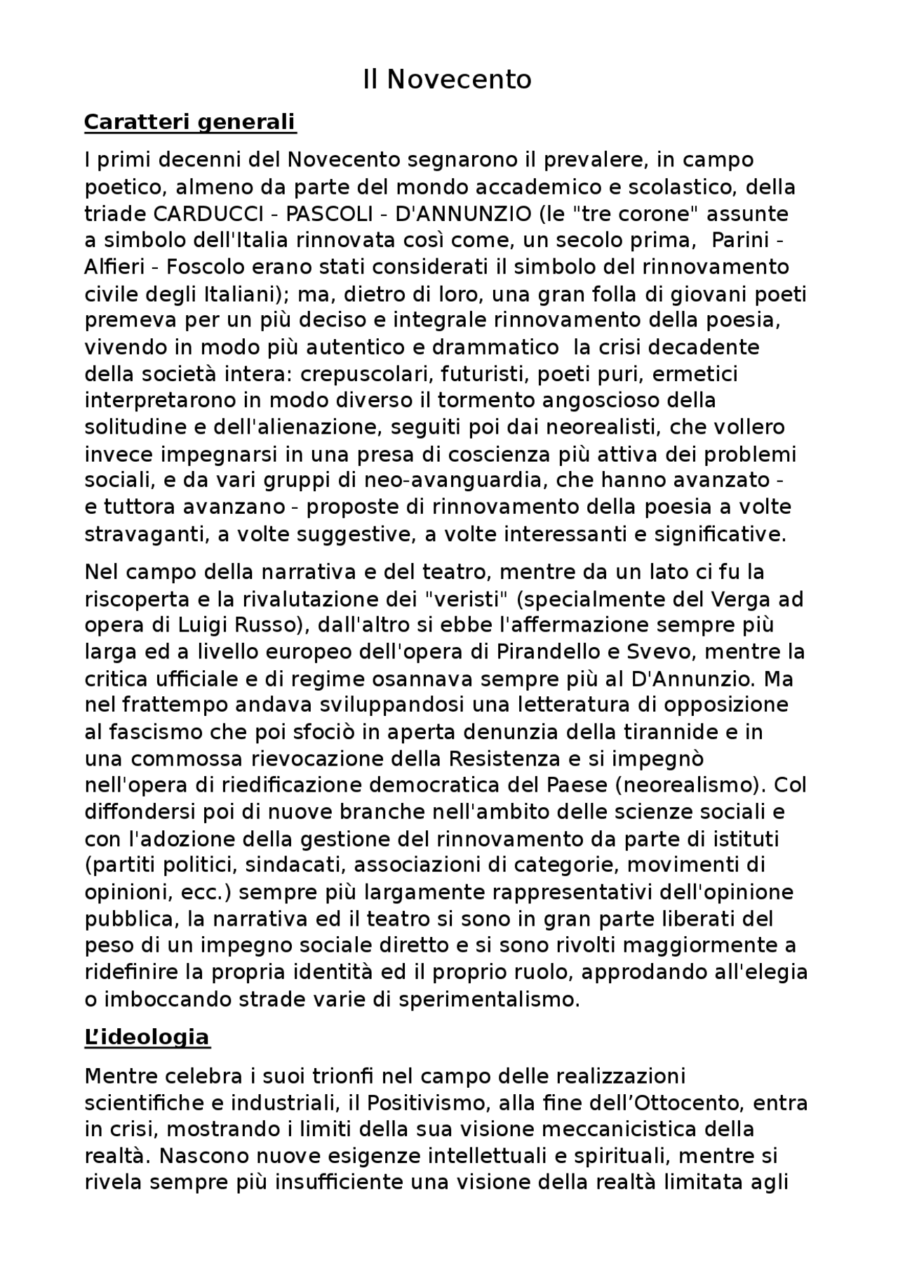 Appunti sul novecento (letteratura italiana) Docsity
