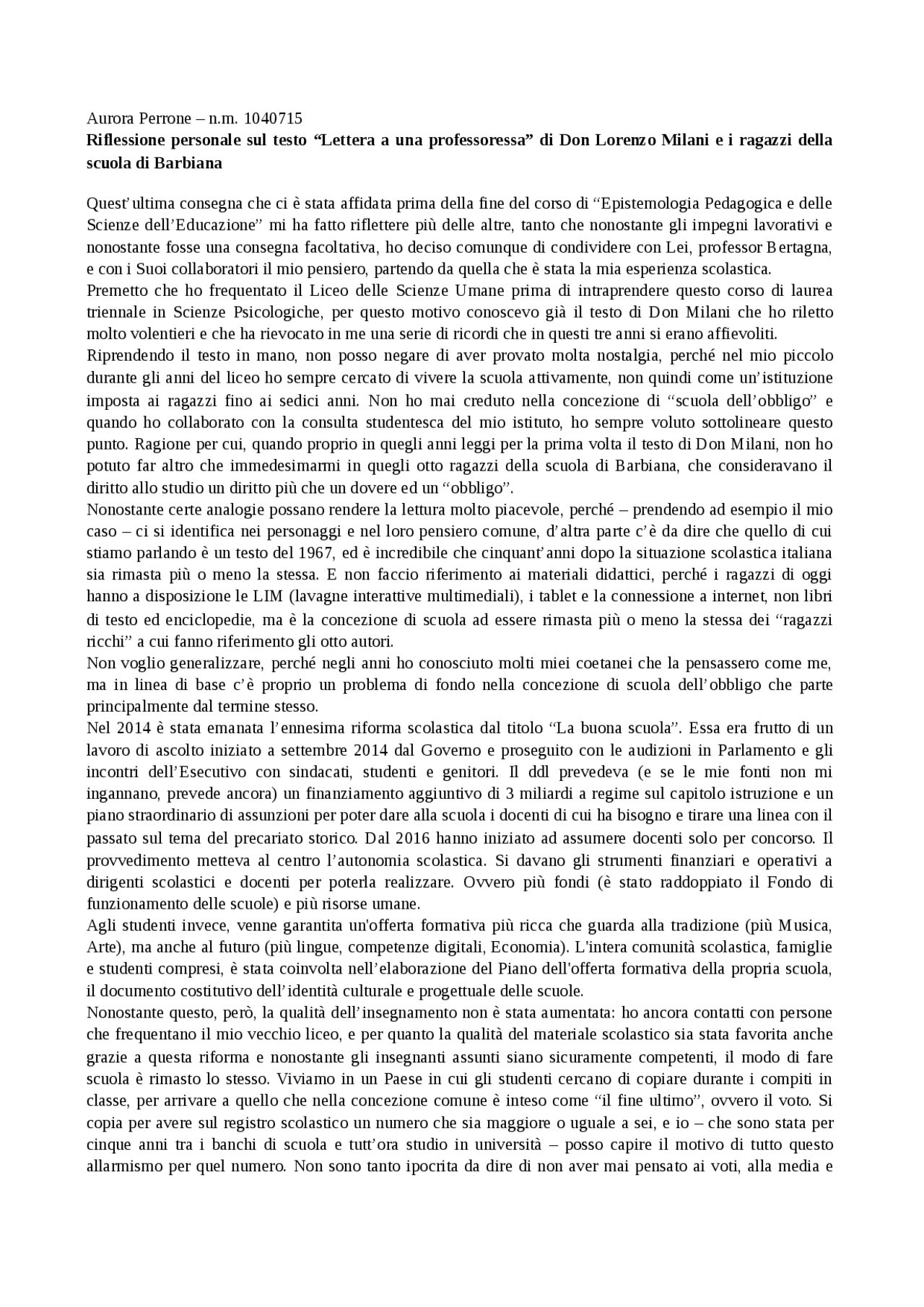 lettera alla professoressa don milani