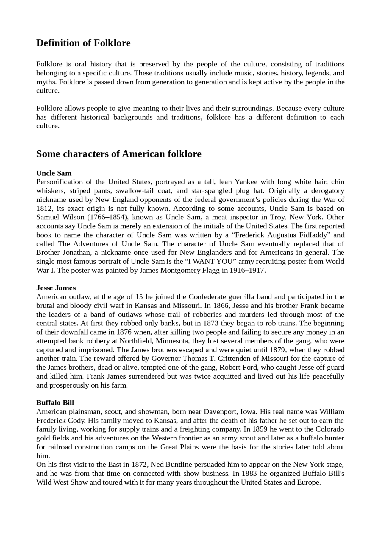 Definition of folklore and some American charachters Docsity