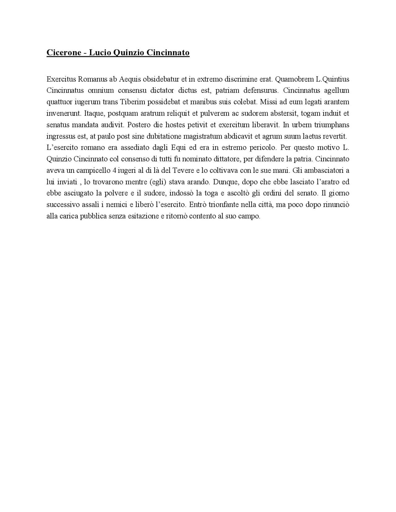 Lucio Quinzio Cincinnato Cicerone Docsity