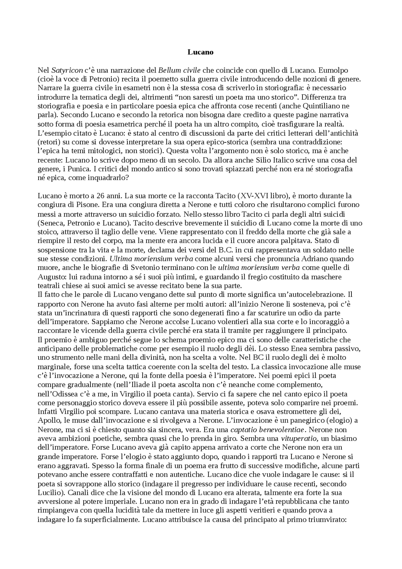 Lezione su Lucano e libro I della Pharsalia - Docsity