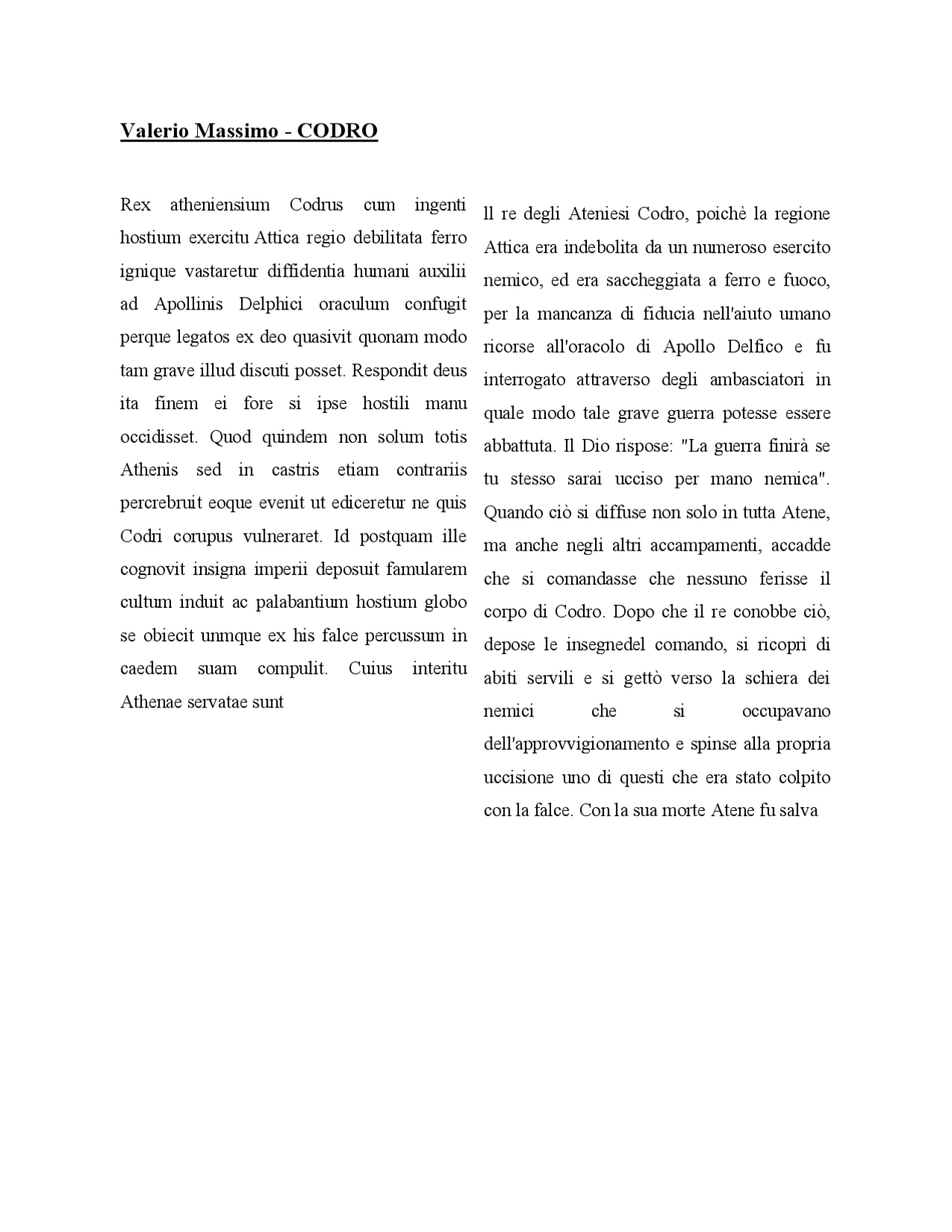 CODRO - Valerio Massimo | Versioni di Latino | Docsity