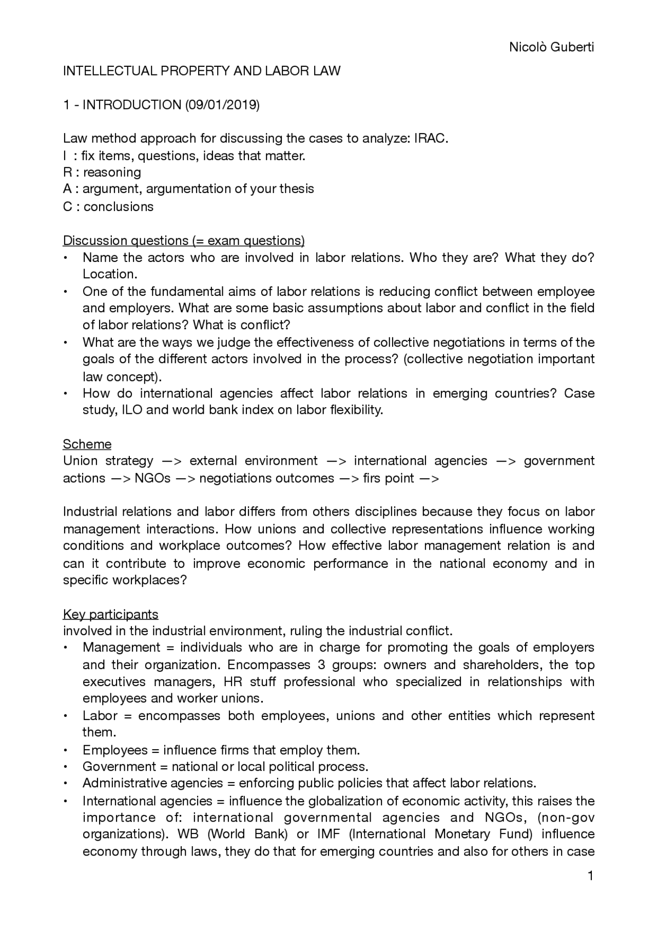 Intellectual property and labour law 2018/2019 - Docsity