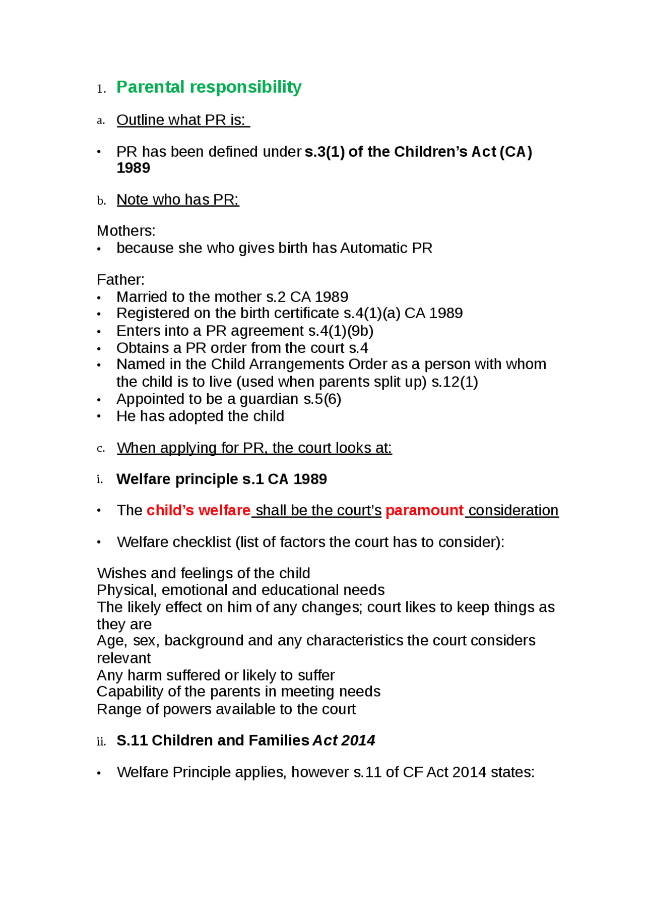 Private Law - Parental Responsibility and Child Arrangement Order - Docsity