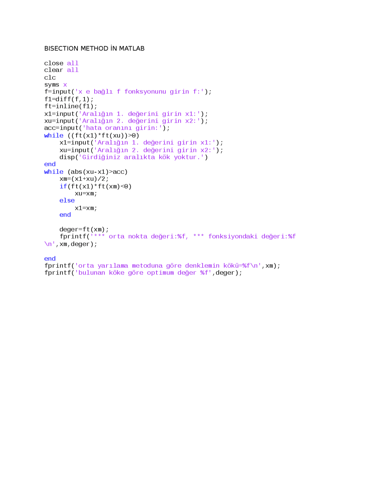 Bisection method root finding in matlab - Docsity
