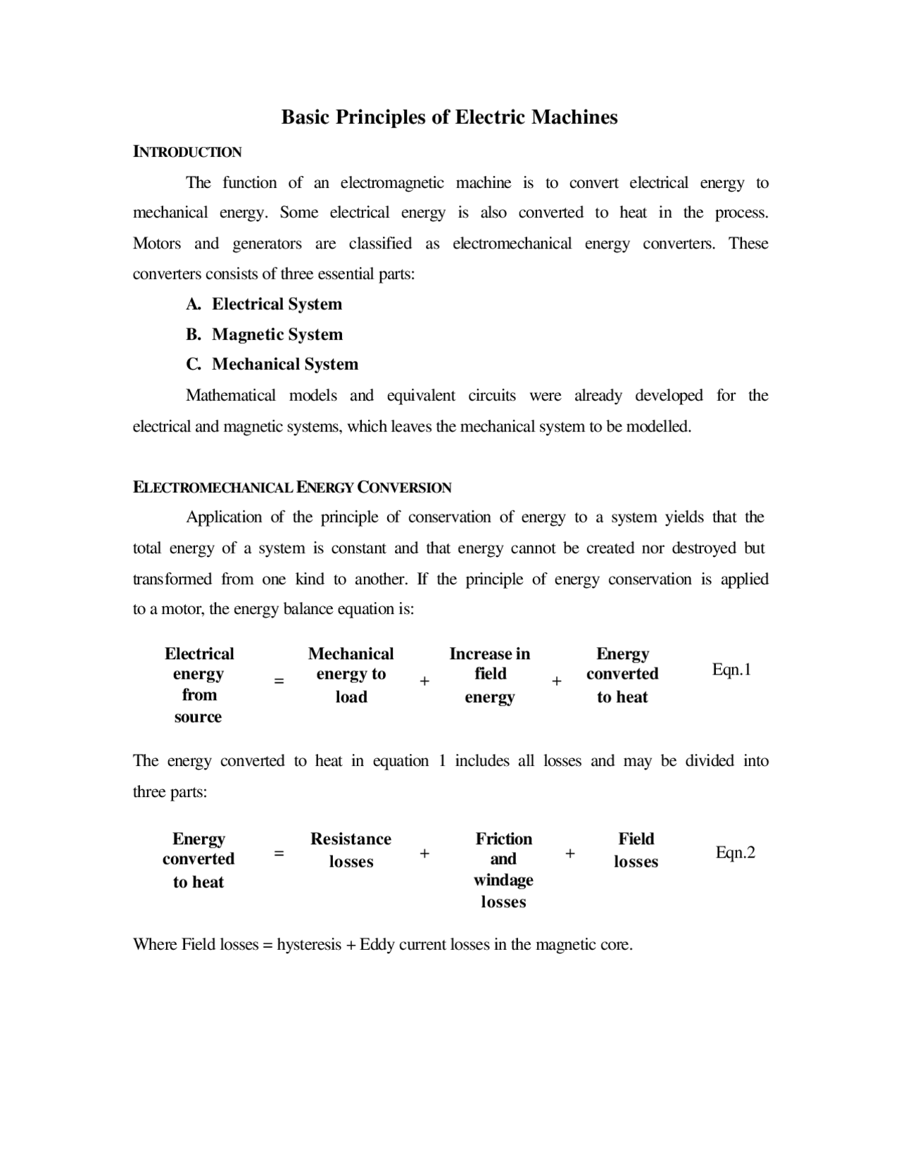 Basic Electrical Conversion Notes Electrical Energy Conversion | Lecture notes Engineering | Docsity