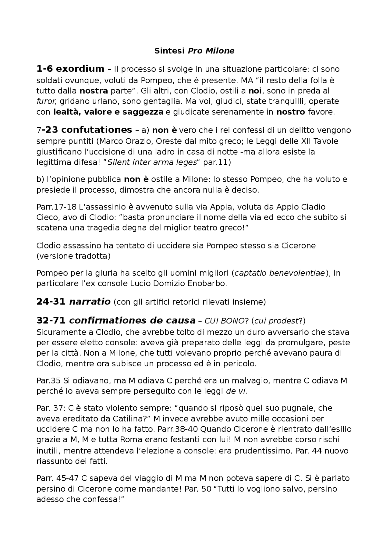 Sintesi Pro Milone, Cicerone - Docsity