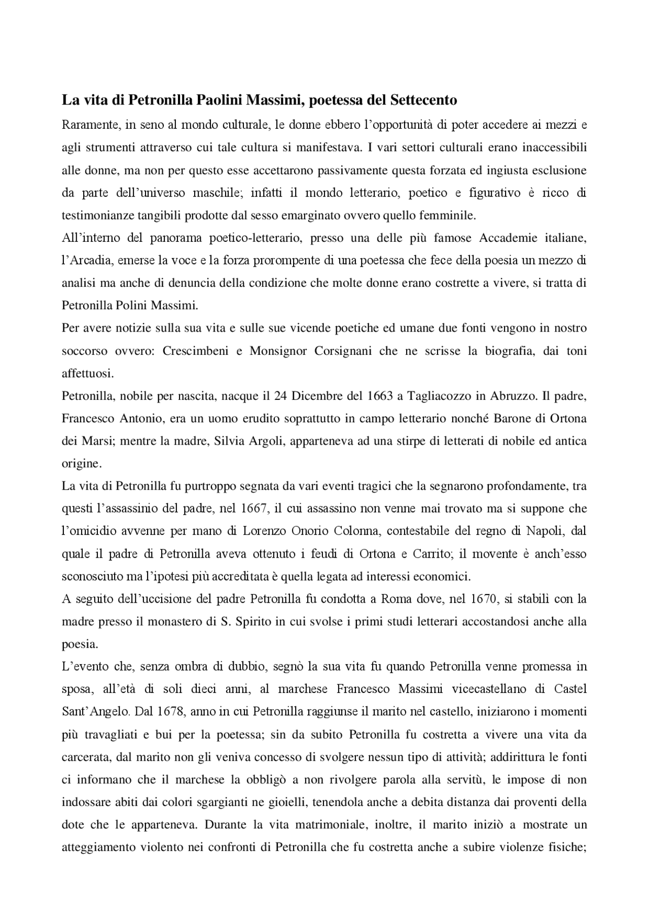 La vita della poetessa settecentesca Petronilla Paolini Massimi Docsity
