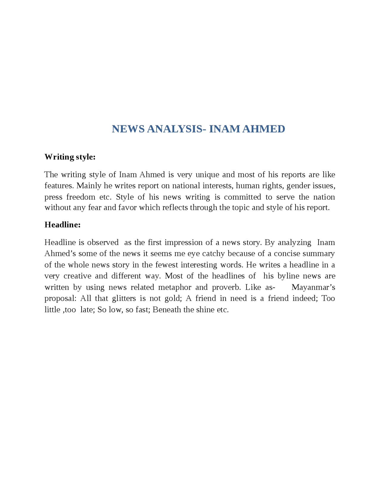 News analysis treatment | Essays (university) Mass Communication | Docsity