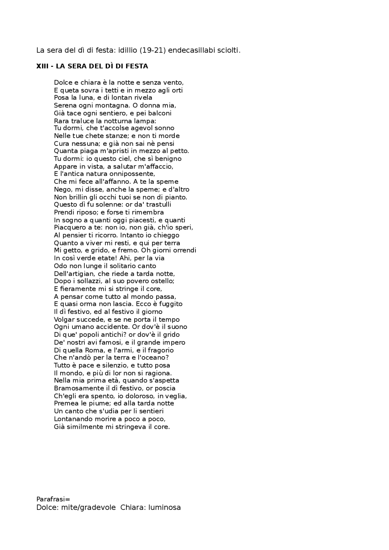 La sera del dì di festa Docsity La sera del dì di festa Docsity