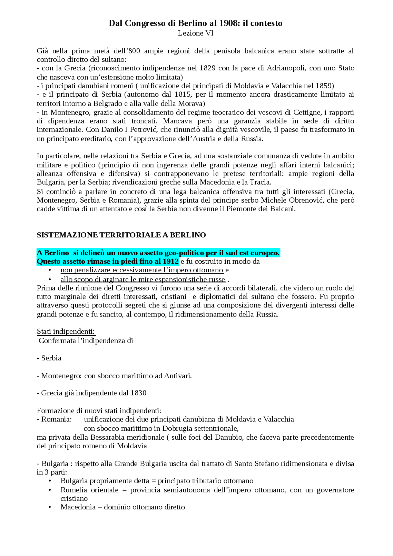 Appunti dal congresso di berlino ad oggi Docsity