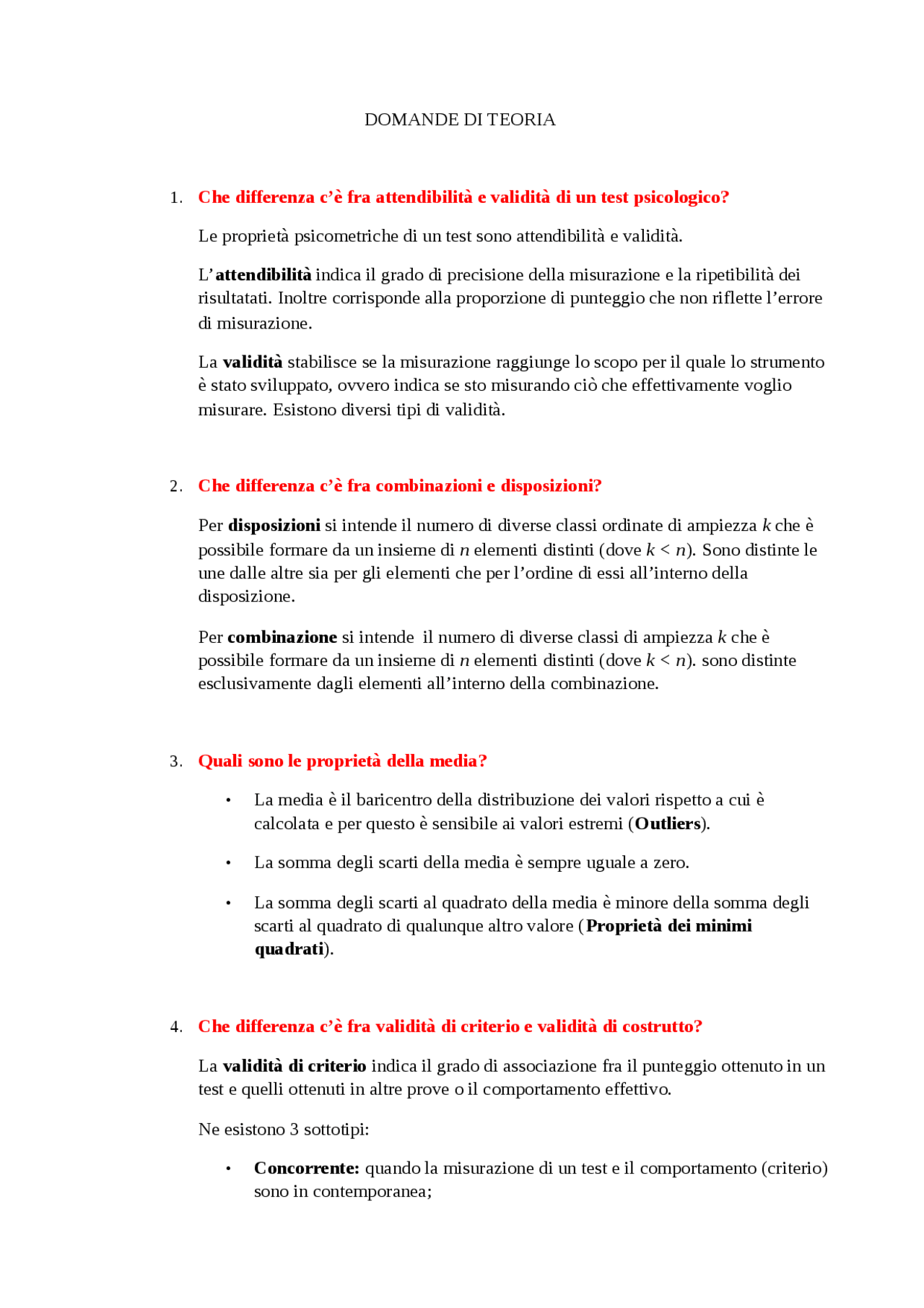 Domande e risposte parte teorica prima parte Psicometria Chiorri - Docsity