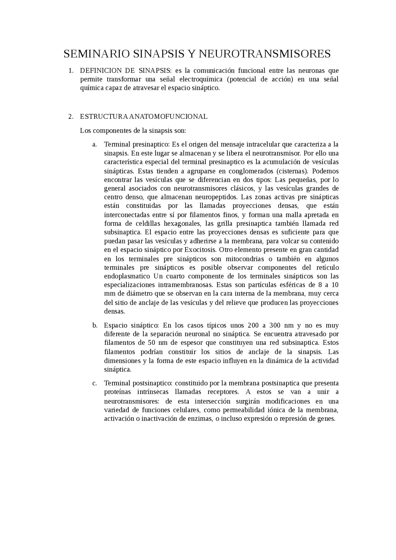 Sinapsis y neurotransmisores | Apuntes de Fisiología Humana | Docsity