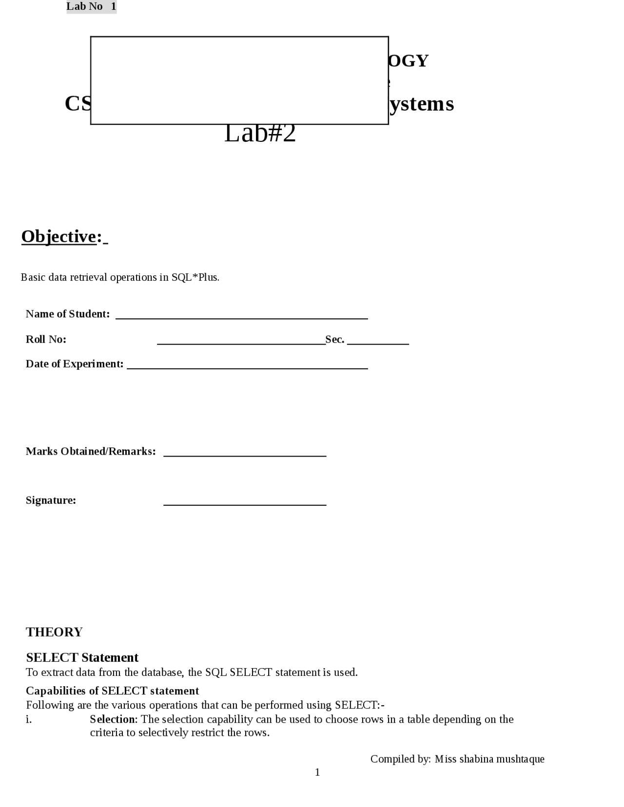 Intro to Database - Lab Manual 2 | Lecture notes Introduction to ...