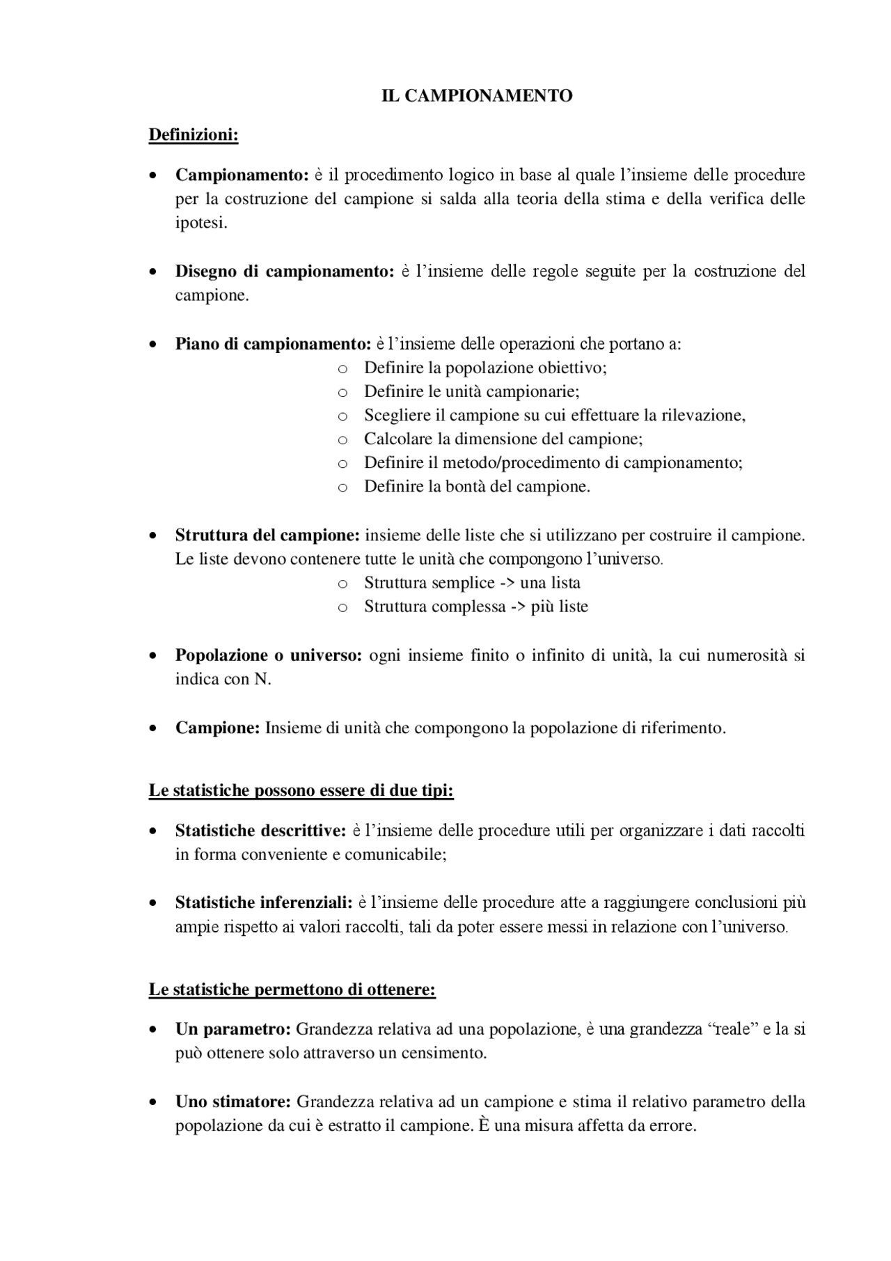 Il campionamento, definizioni e tipologie. Sintesi del corso di