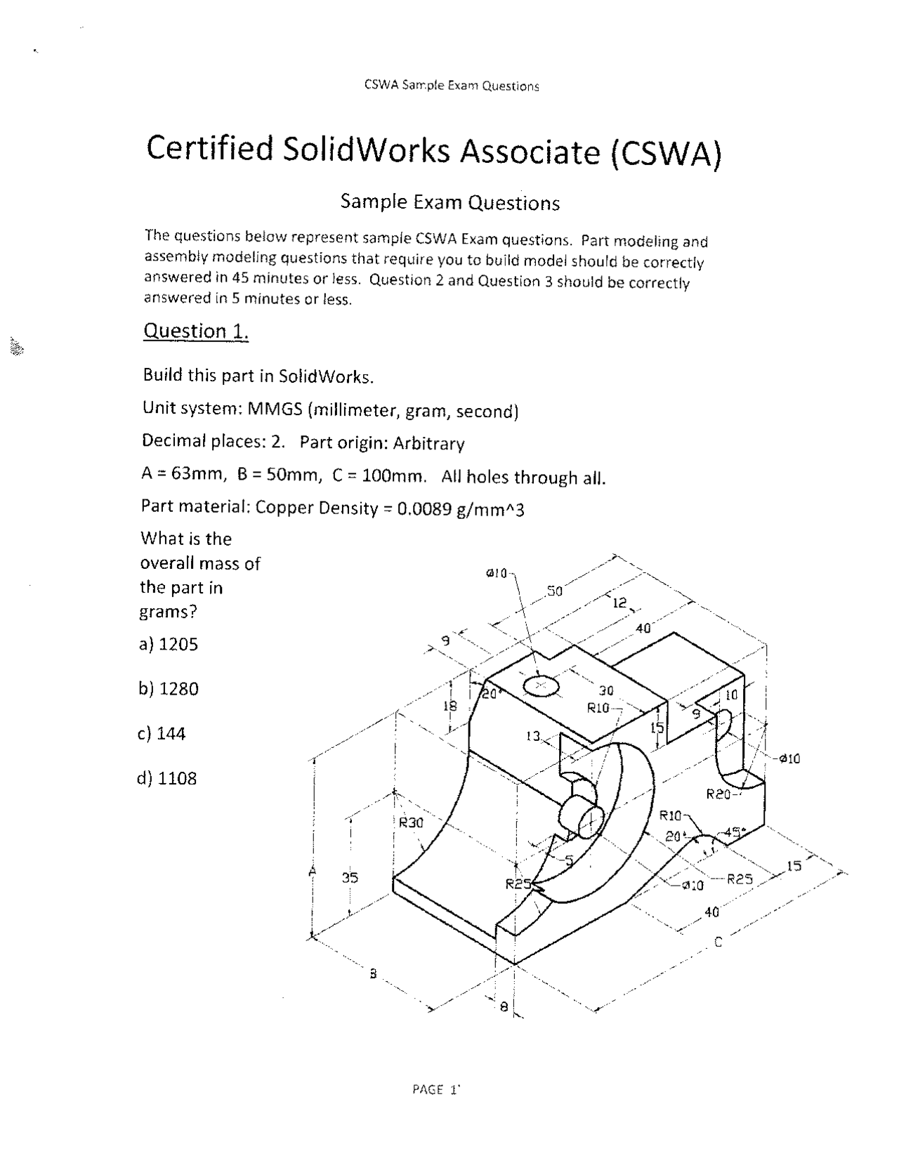 CSWA Solidworks Exam - Docsity
