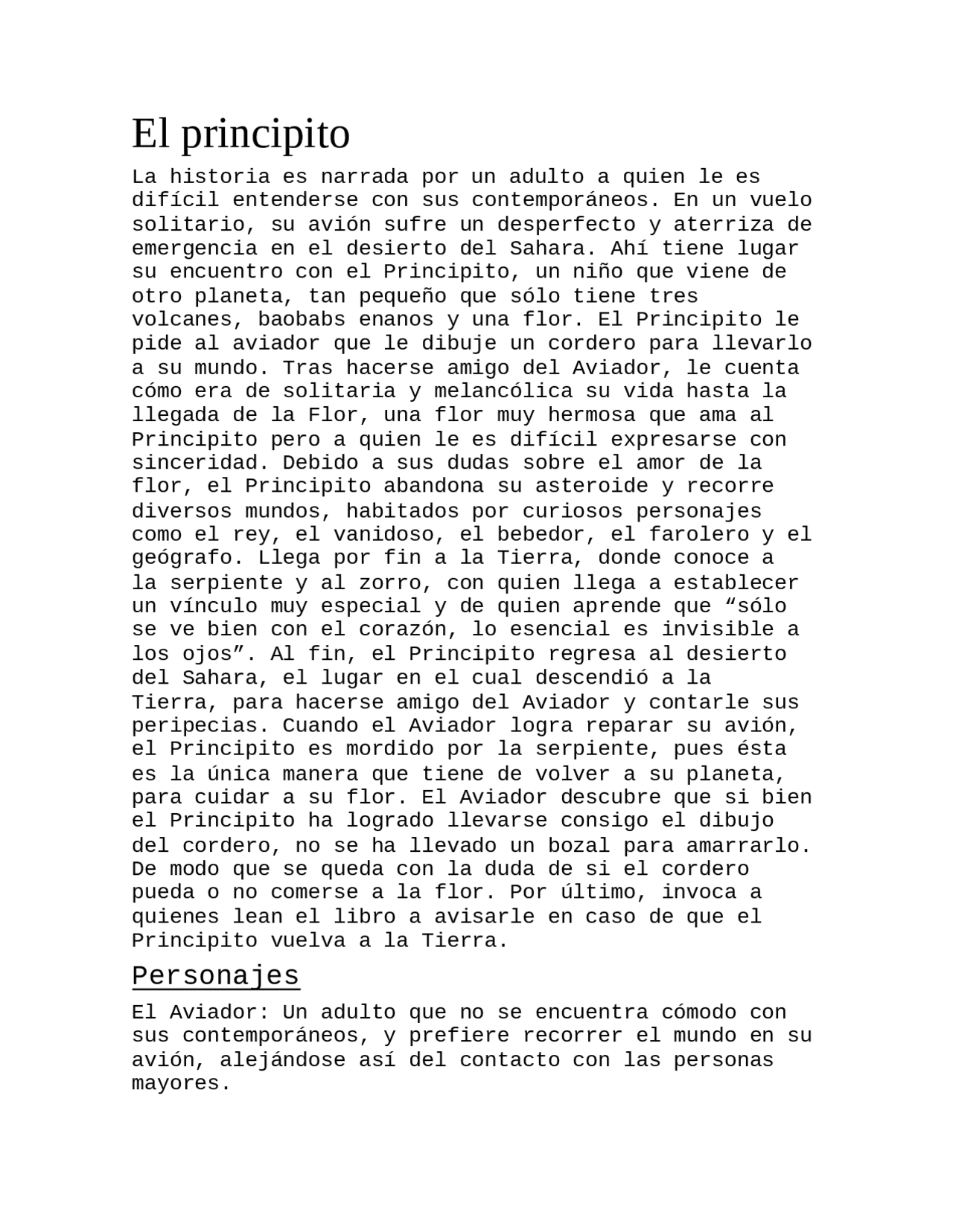 Resumen Del Principito En Ingles El principito Resúmen - Docsity