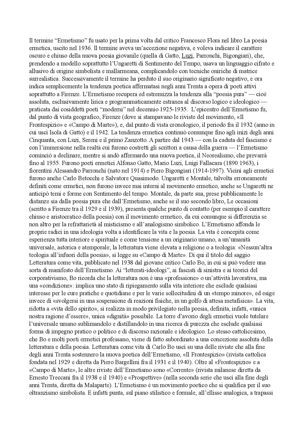 Riassunto corrente letteraria Ermetismo Docsity