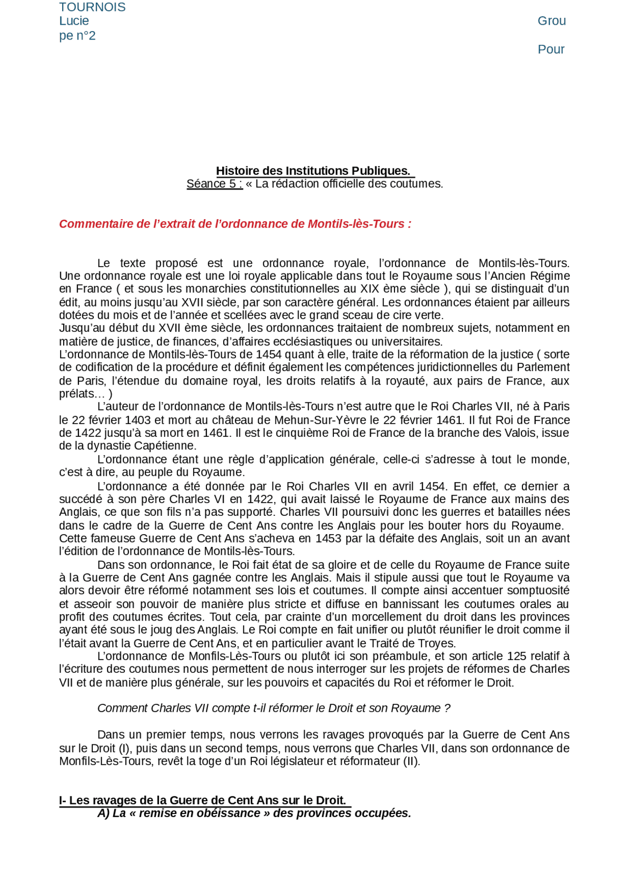 Ordonnance De Montils Les Tours Historia del derecho frances y europep | Notes de Histoire de l'ordre  juridique | Docsity