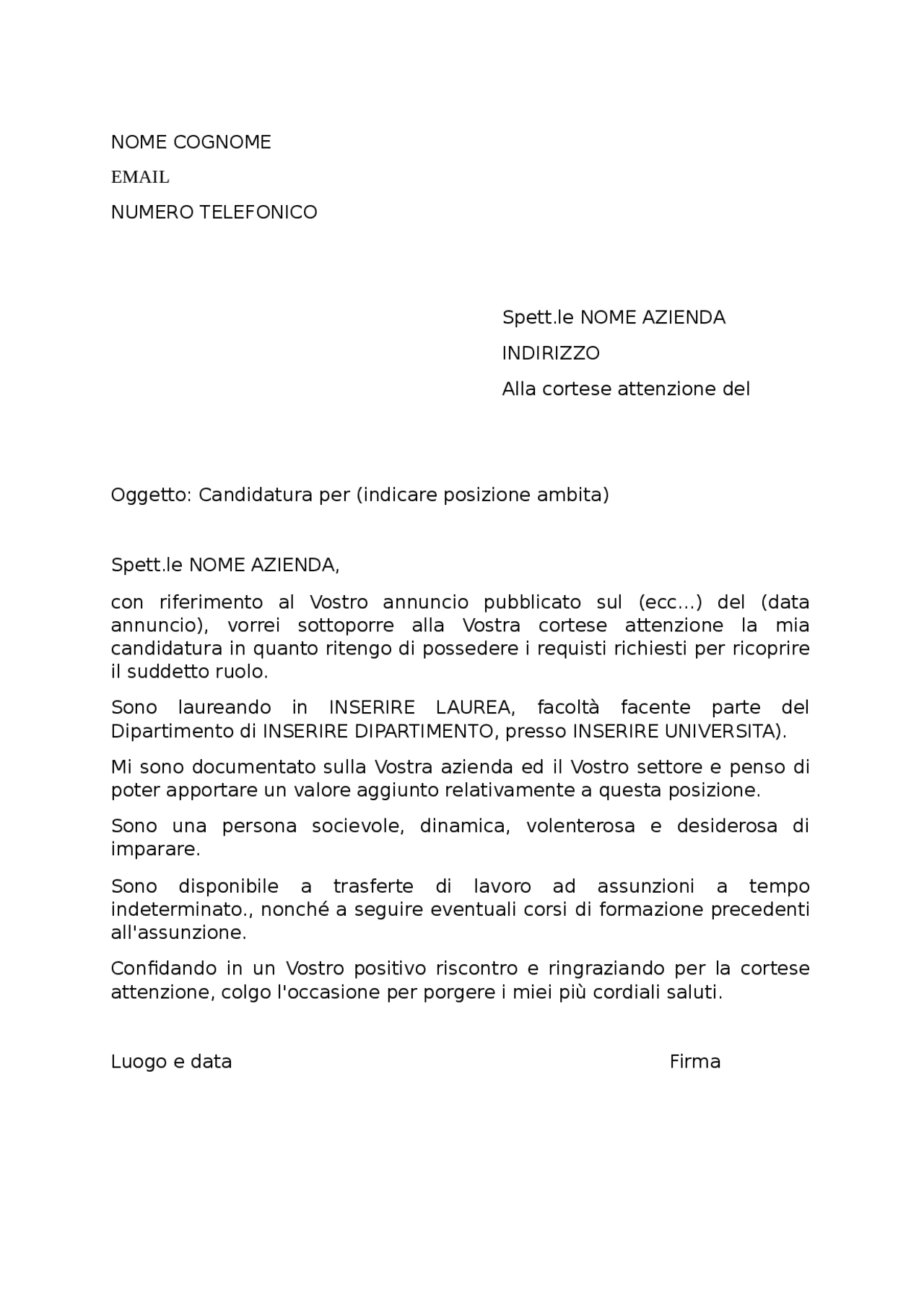 Lettera di presentazione base - Docsity