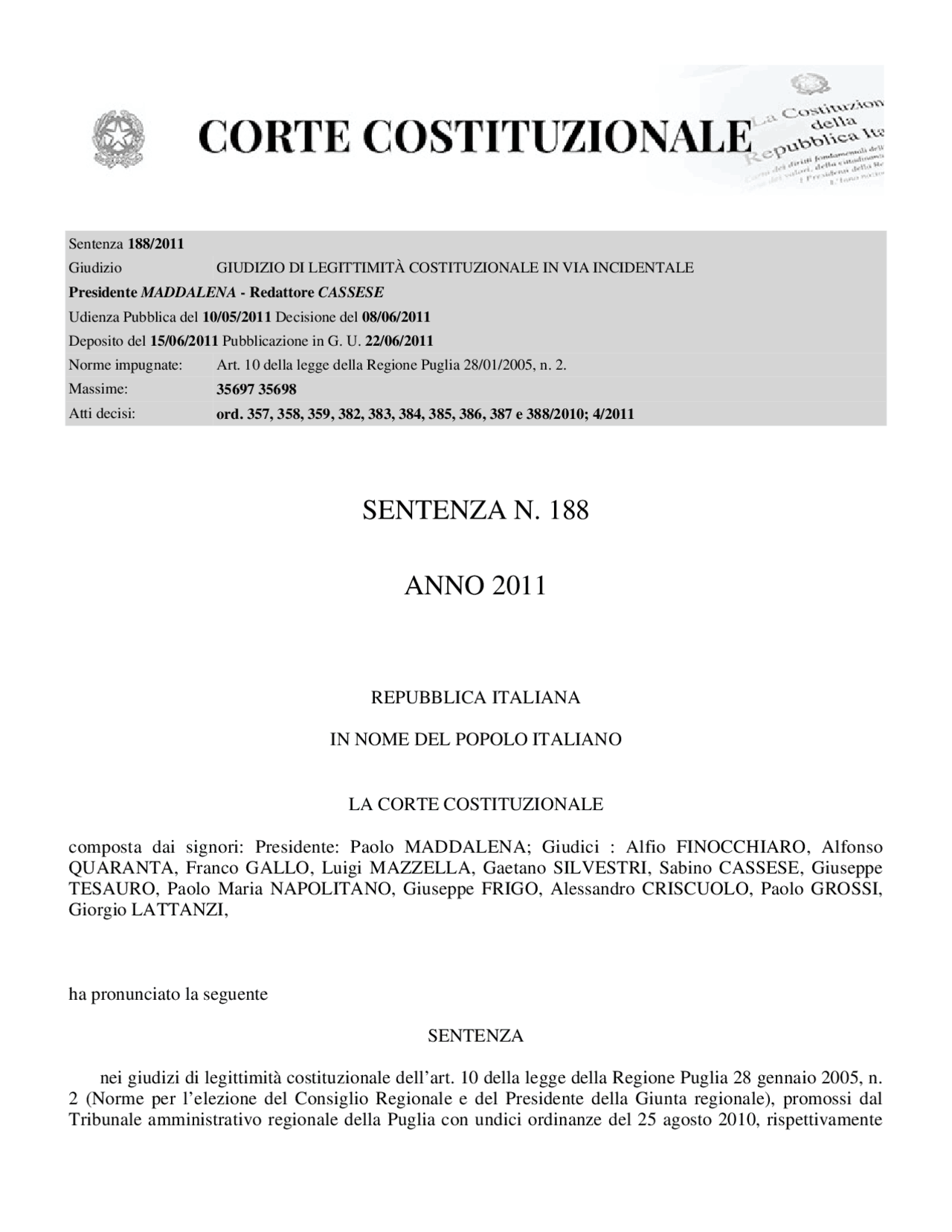 Sentenza n.188/2011 - Docsity