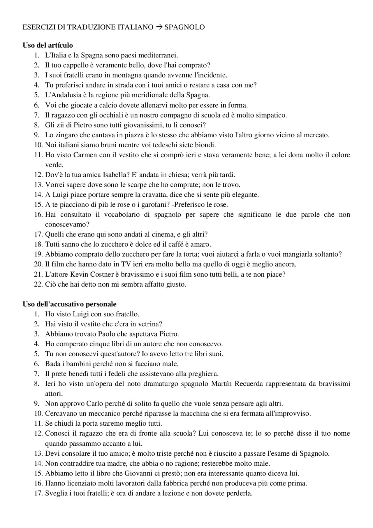 Esercizi di traduzione italiano - spagnolo - Docsity