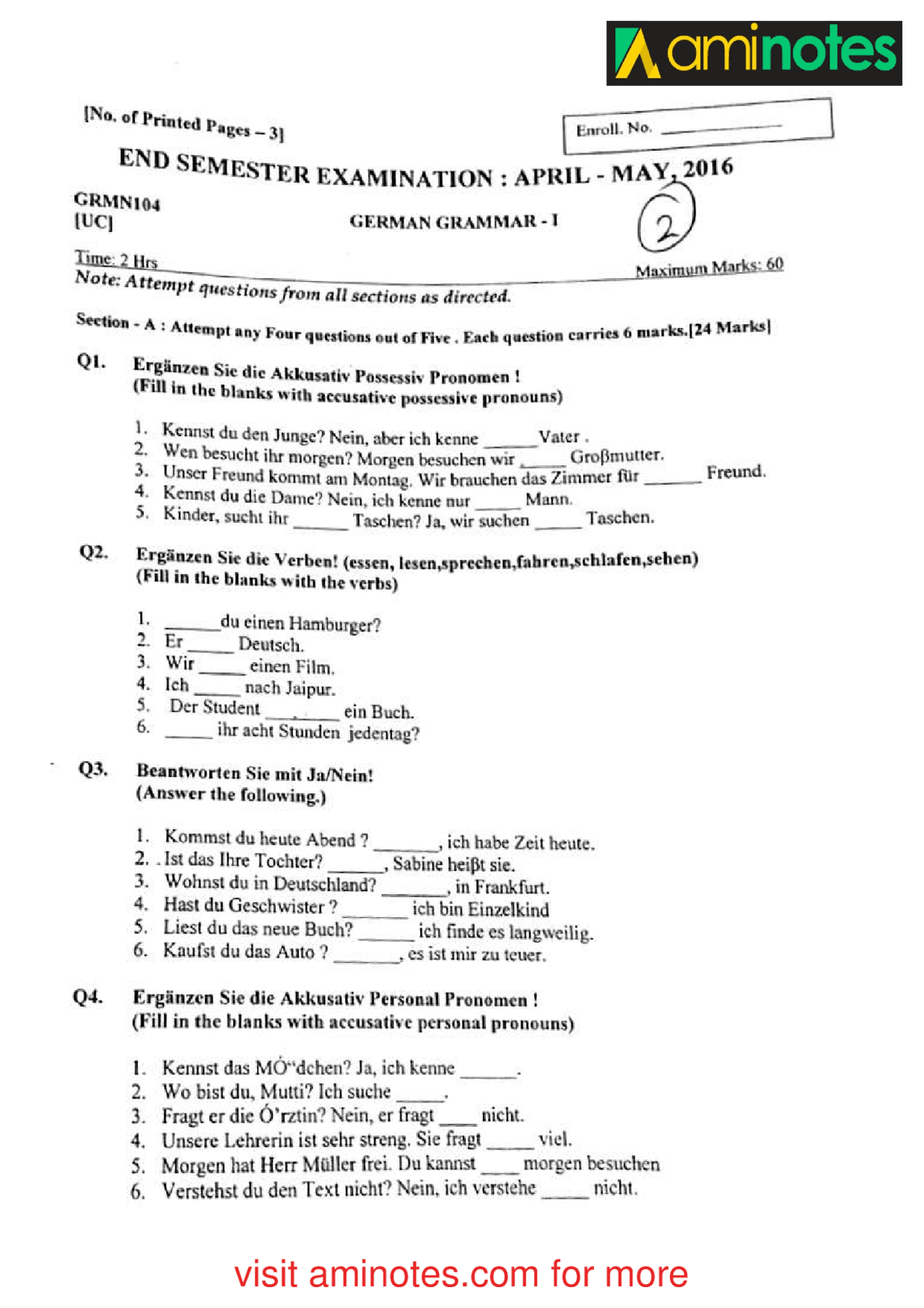 German Grammar question paper | Lecture notes German Language | Docsity