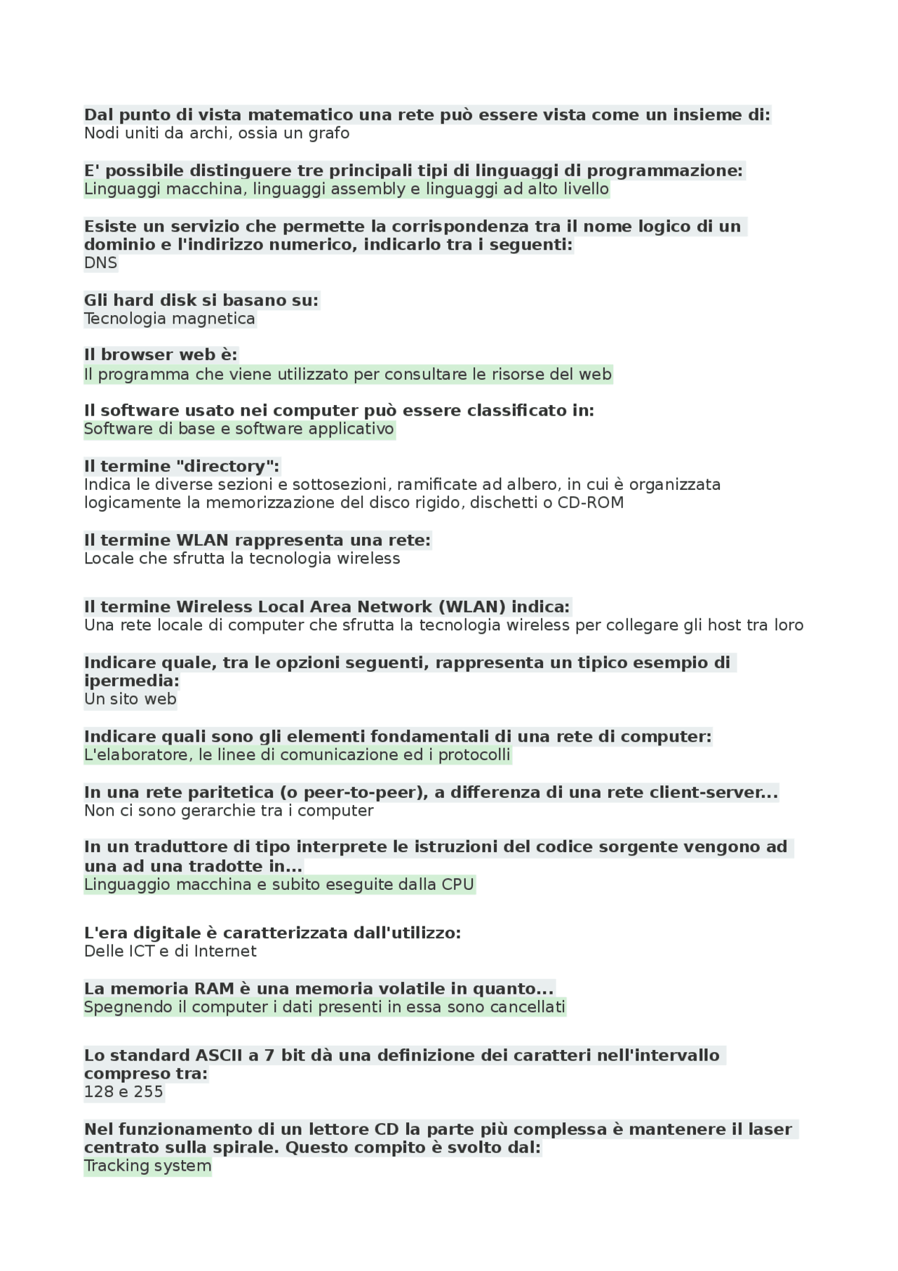 TEST INFORMATICA UNIPEGASO - Docsity