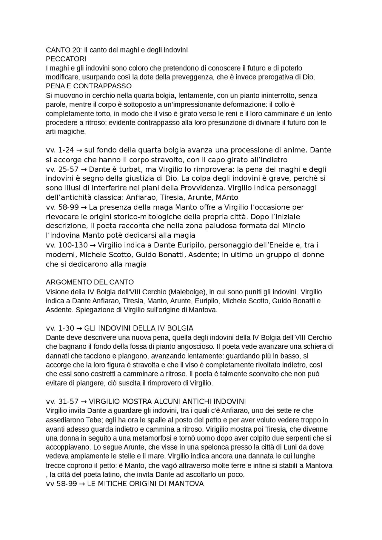 Canto 20, Inferno, Divina Commedia, Dante Sintesi del corso di