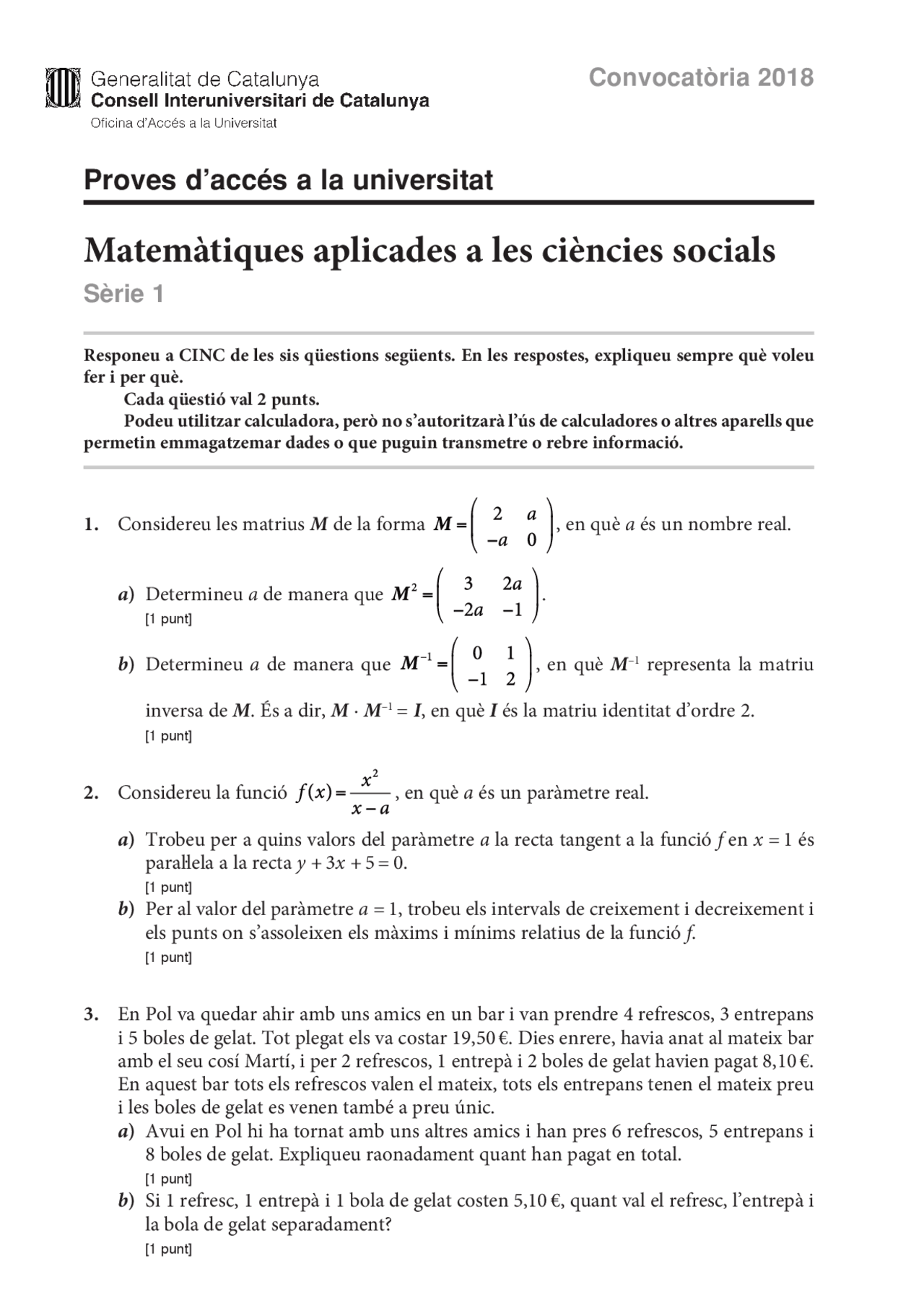 Examen selectivitat matematiques - Docsity