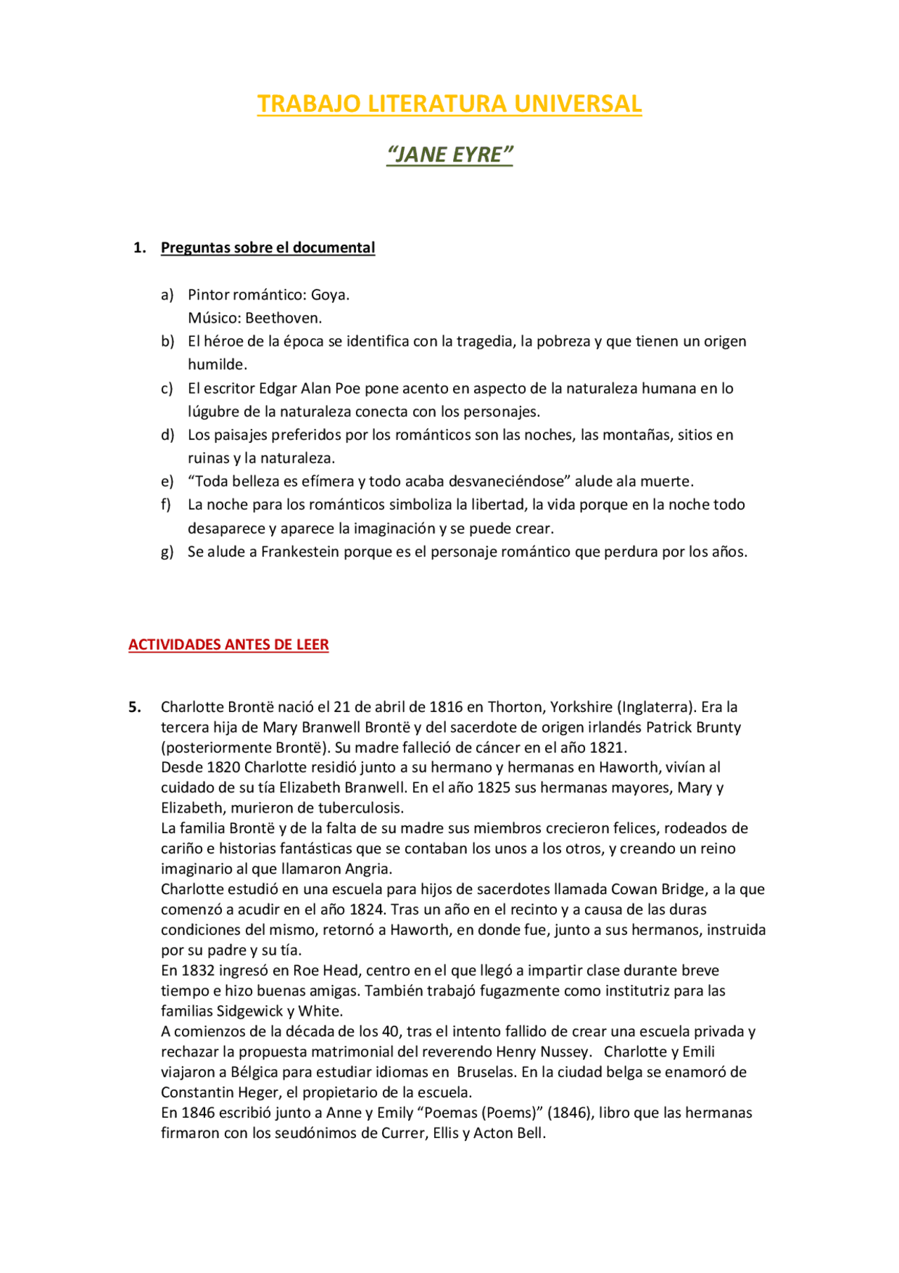 Trabajo Jane Eyre De Literatura Docsity
