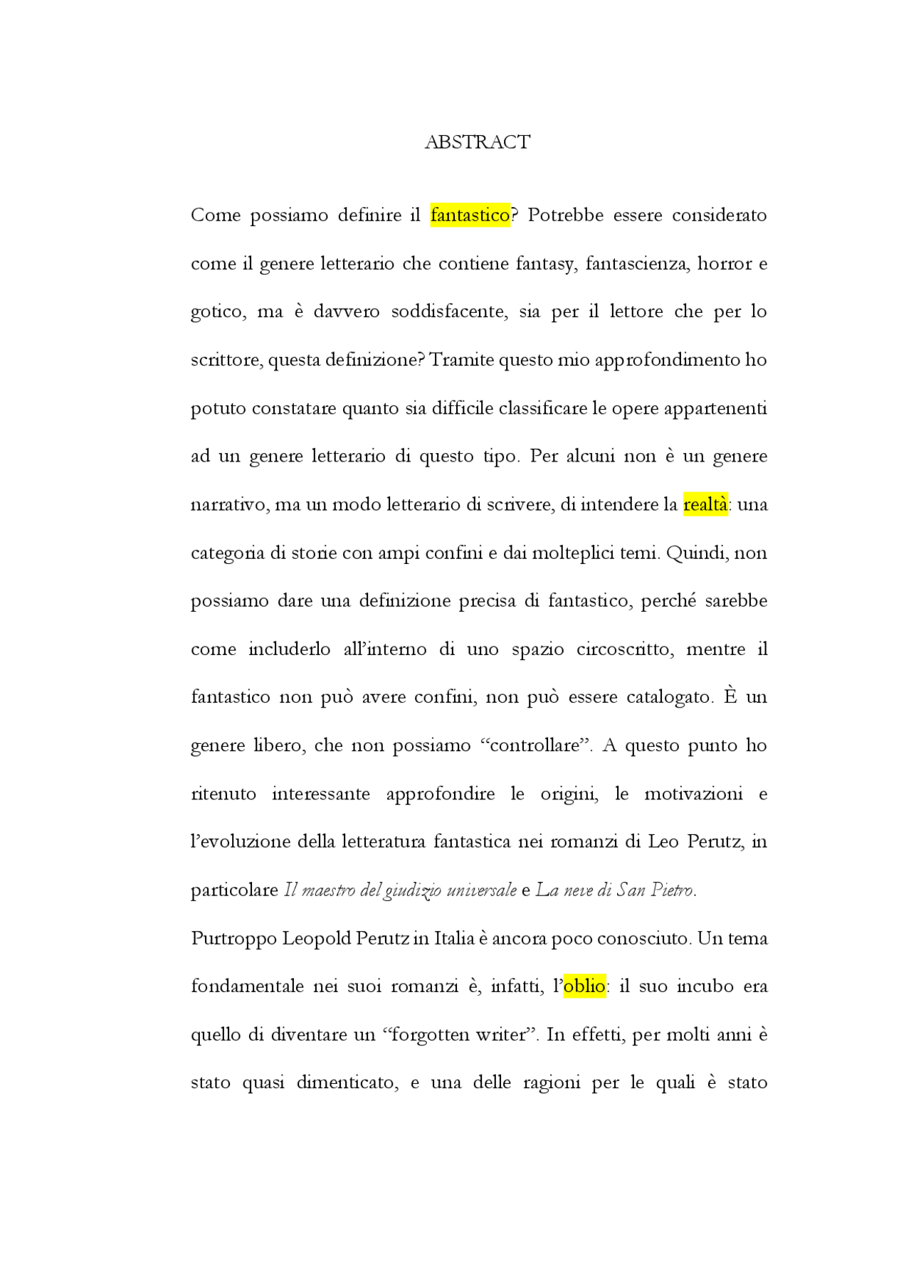 Abstract Romanzo Abstract tesi di laurea | Tesi di laurea di Letteratura Tedesca | Docsity