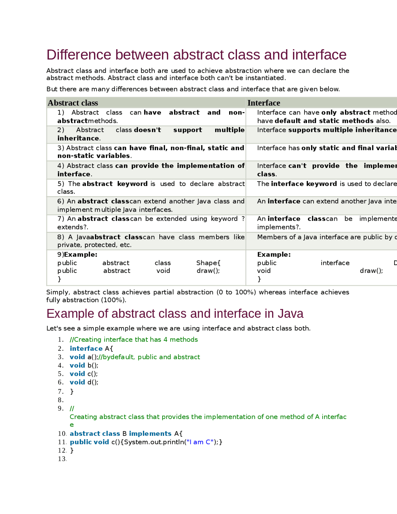 java interface - abstract class | pdf | class... Java fundamentals in computer science - Docsity