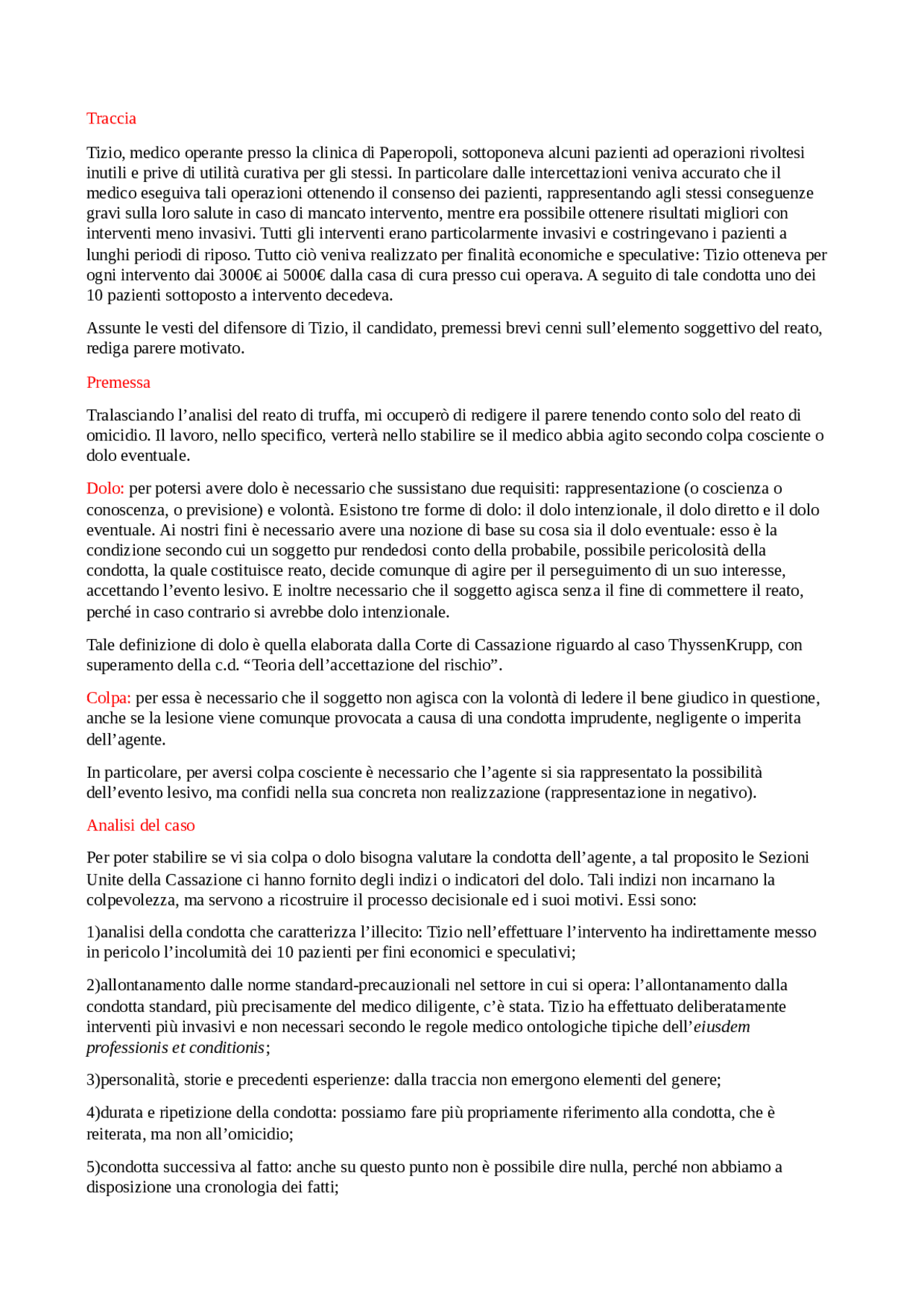 Parere su un caso riguardante la colpa cosciente e il dolo eventuale Docsity Parere su un caso riguardante la colpa cosciente e il dolo eventuale Docsity