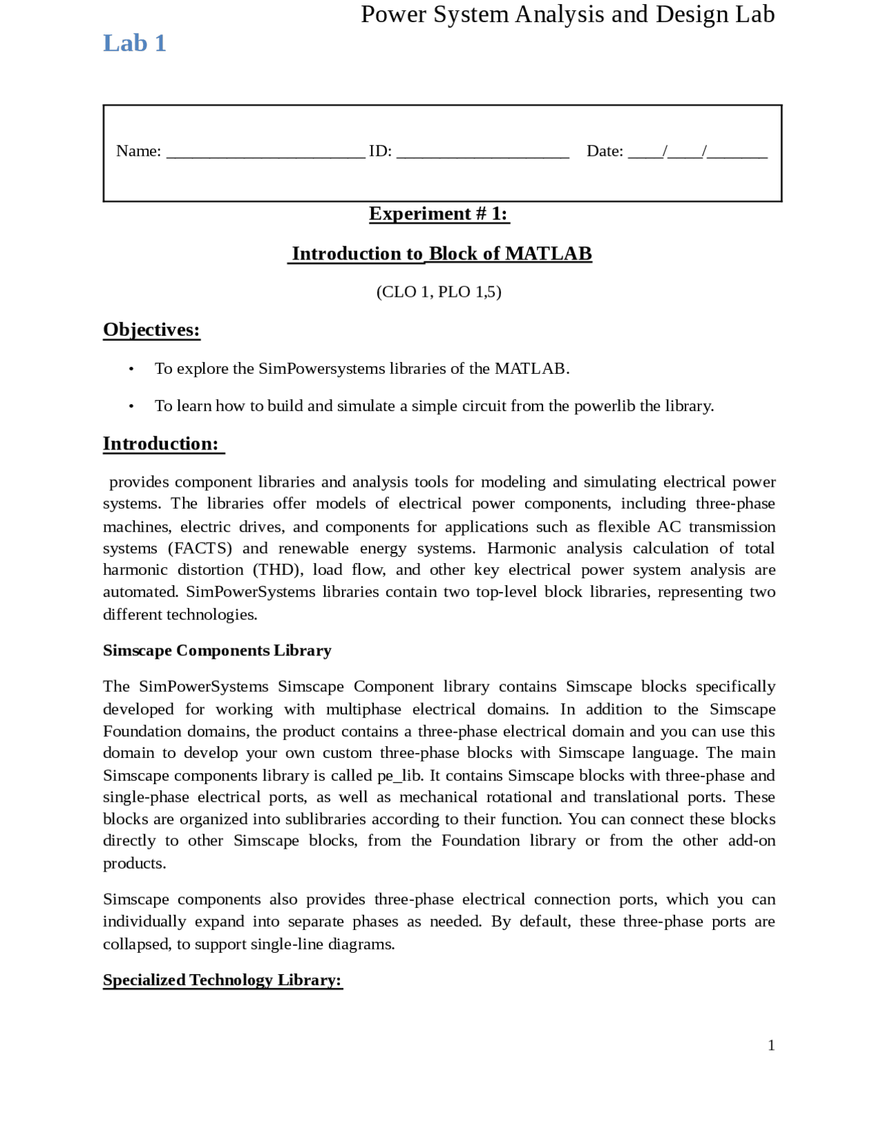 Power System Analysis Lab Manual - Docsity