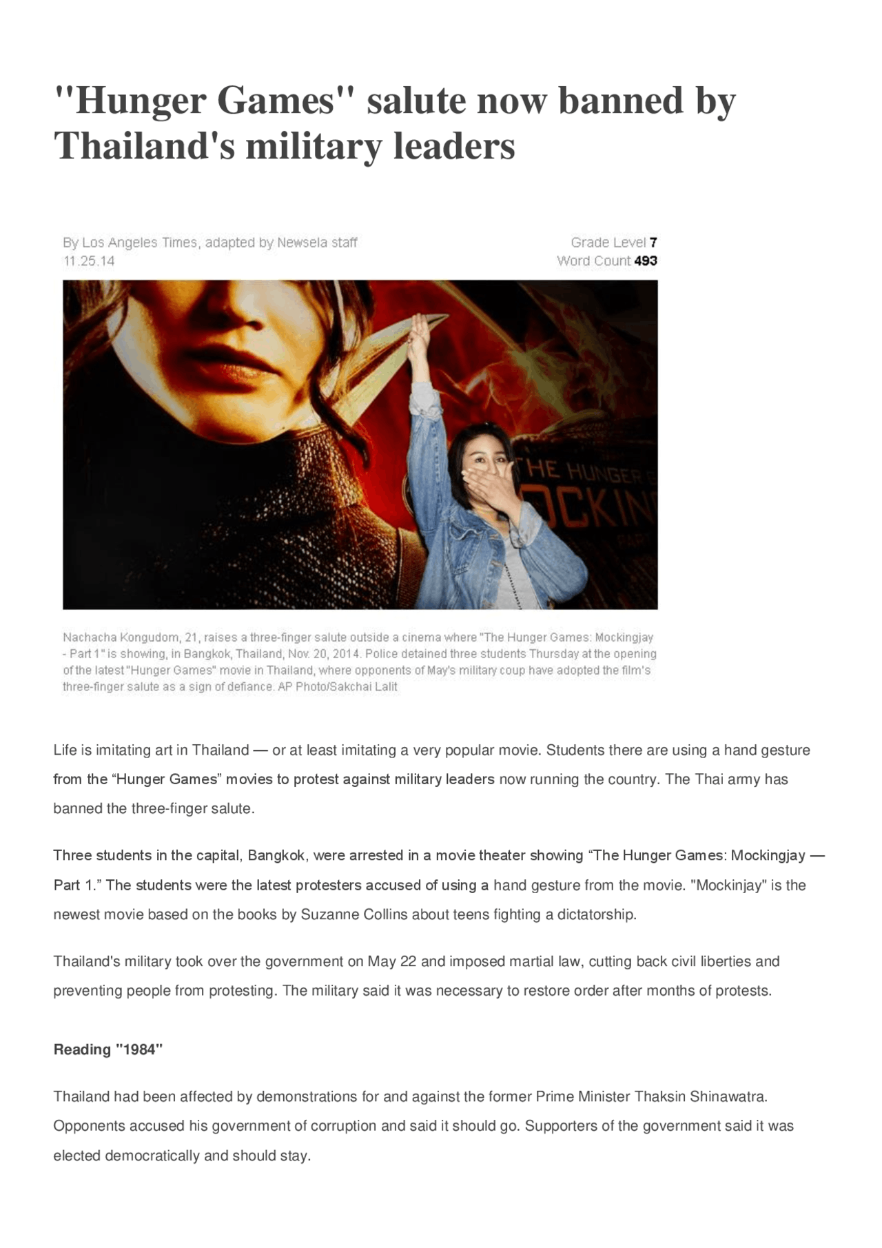 Taller de comprensión lectora de Hunger Games | Ejercicios de Inglés |  Docsity