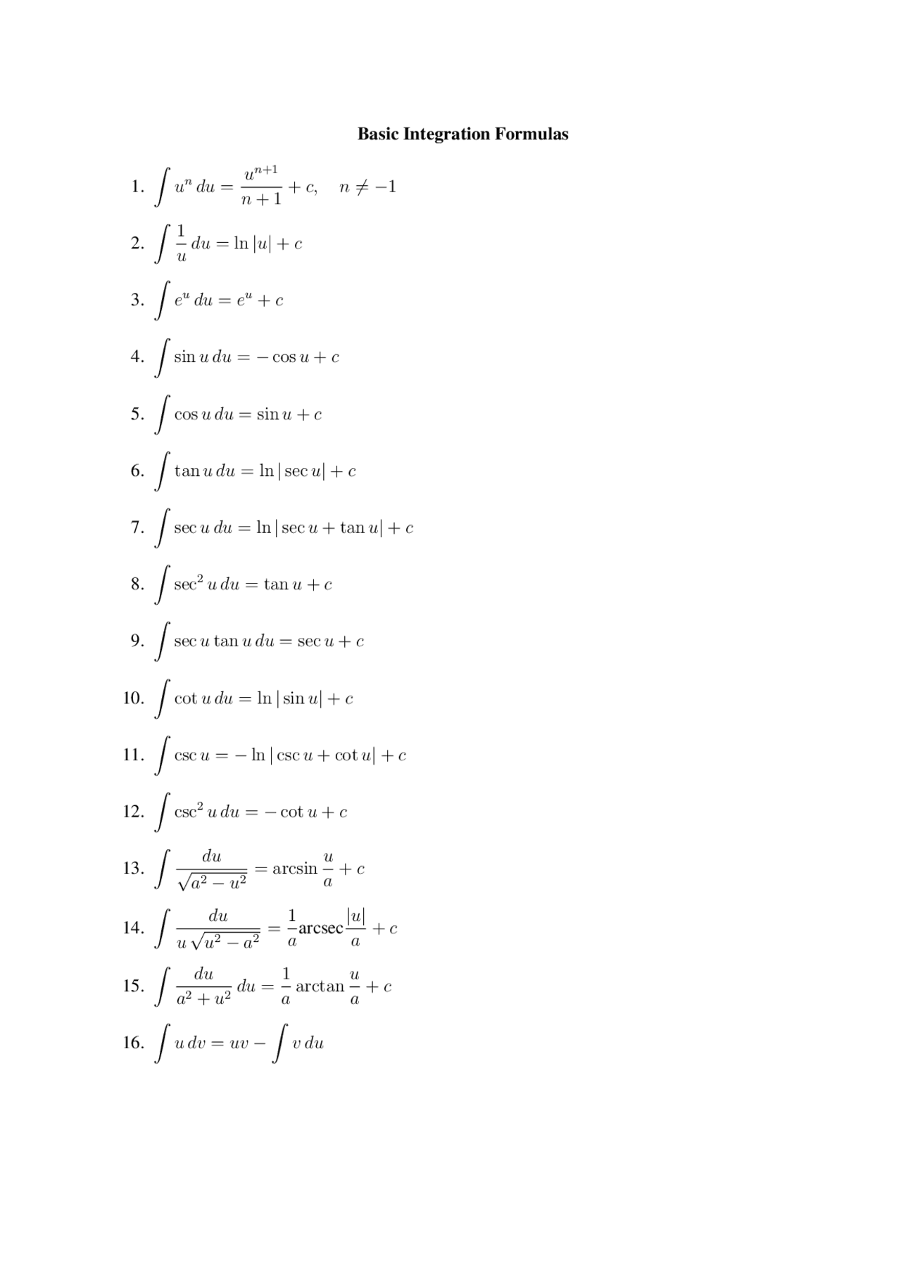 Basic Integration Formulas - Docsity