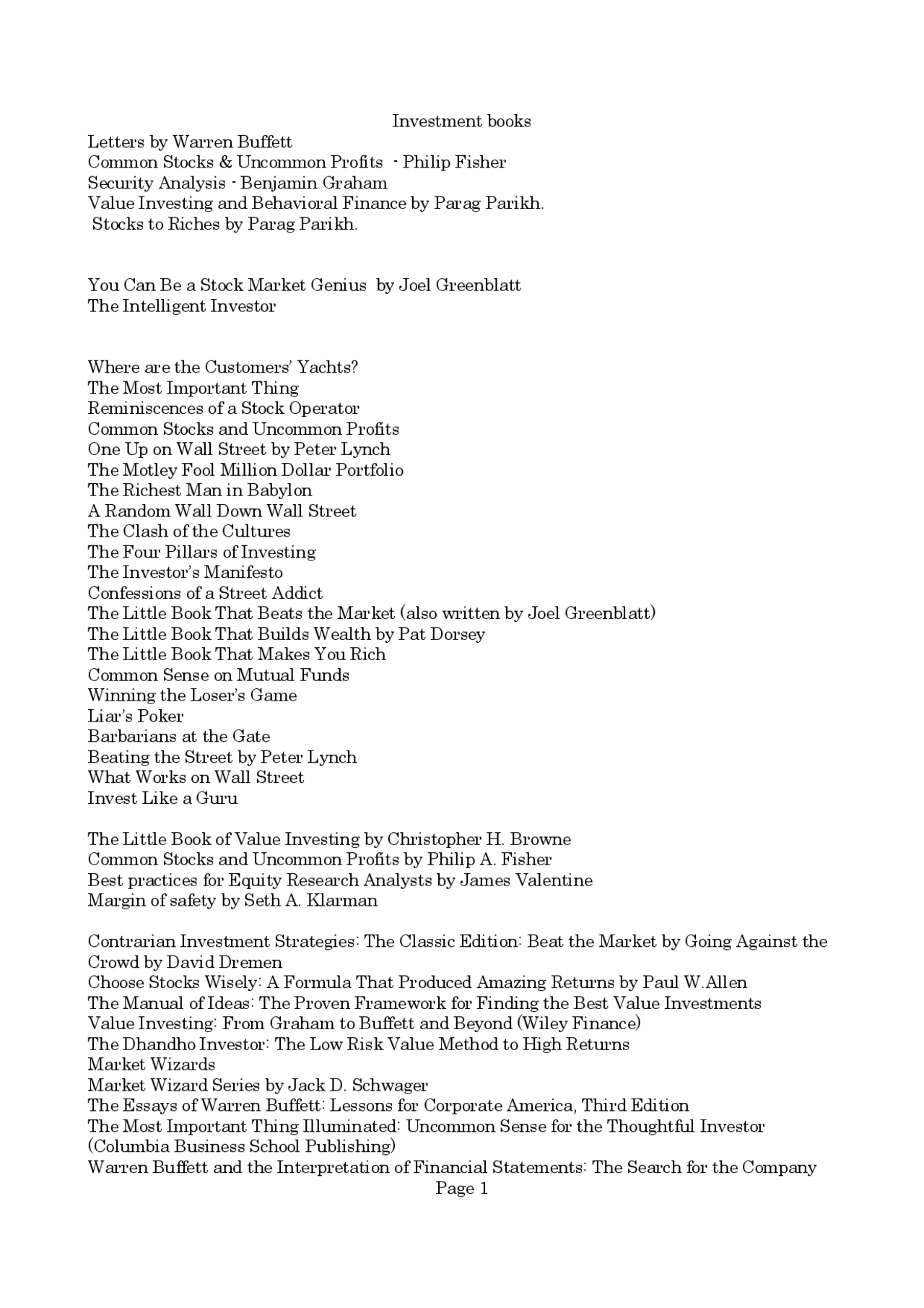 List of Investment books Docsity