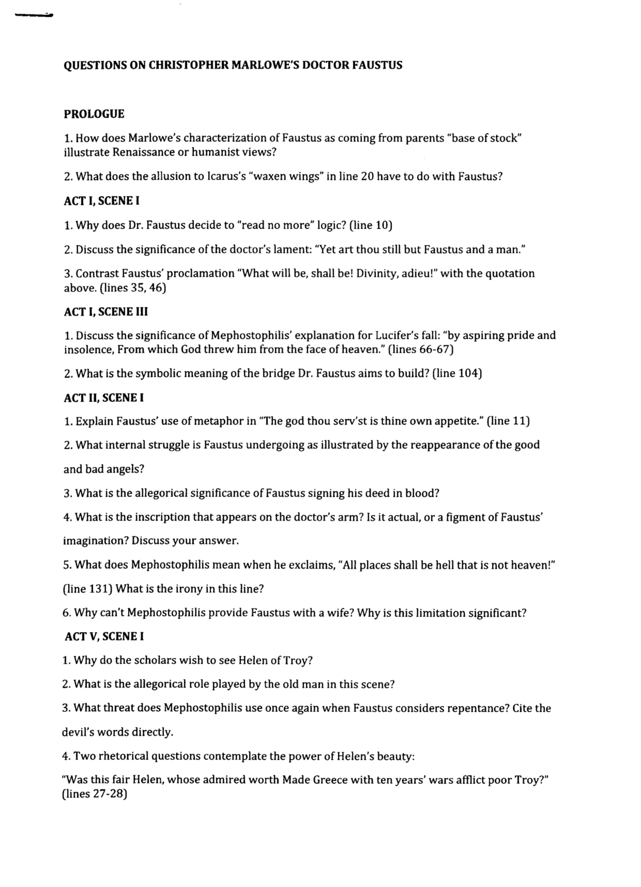 Questions on Dr Marlowe Dr Faustus Docsity
