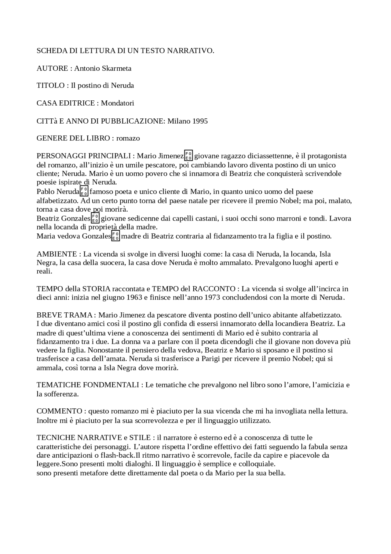 Scheda di lettura del libro il postino di neruda Appunti di Italiano